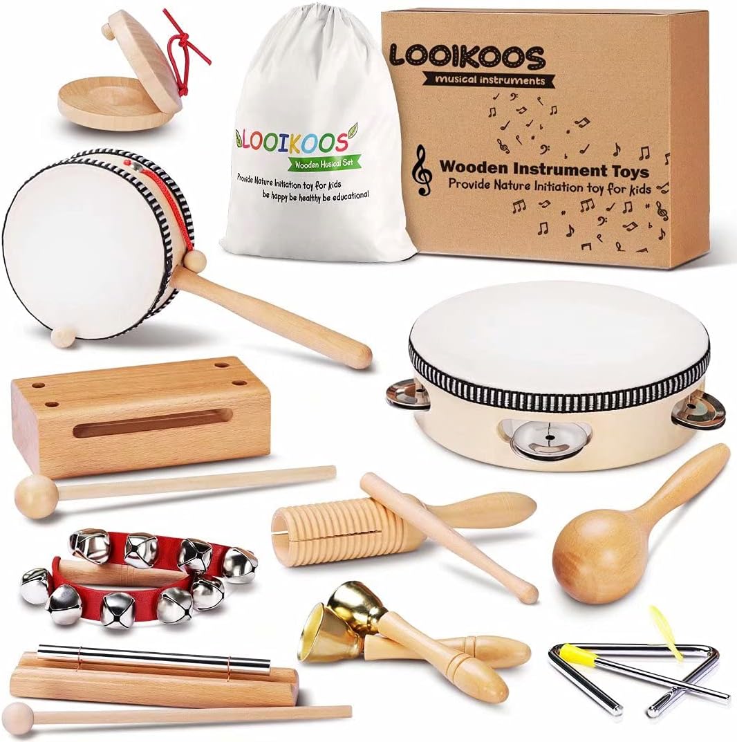 LOOIKOOS Toddler Musical Instruments Natural Wooden Percussion Instruments Toy for Kids Preschool Educational, Musical Toys Set for Boys and Girls with Storage Bag