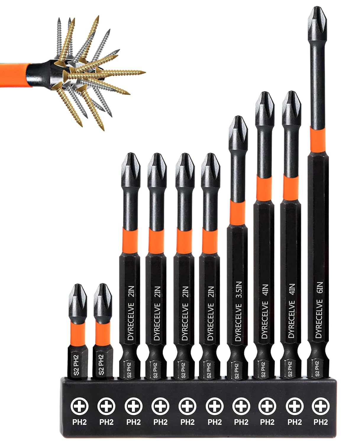 10-Pack Phillips Bits #2 Impact Magnetic, 1-Inch to 6-Inch Long Phillips Head Drill & Screwdriver Bits, PH2 Premium S2 Steel 1/4" Hex Shank for Impact Drivers, Professional & DIY Use