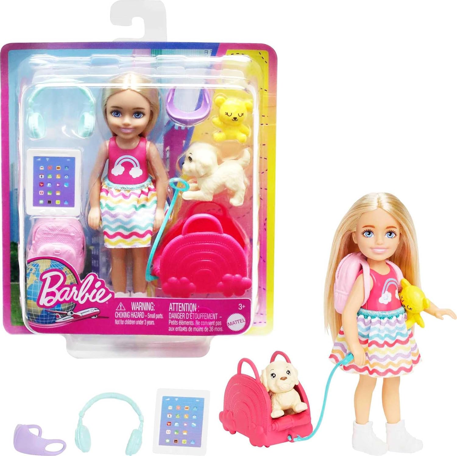 Barbie Toys, Chelsea Doll and Accessories, Travel Set with Puppy and 6 Pieces Including Pet Carrier