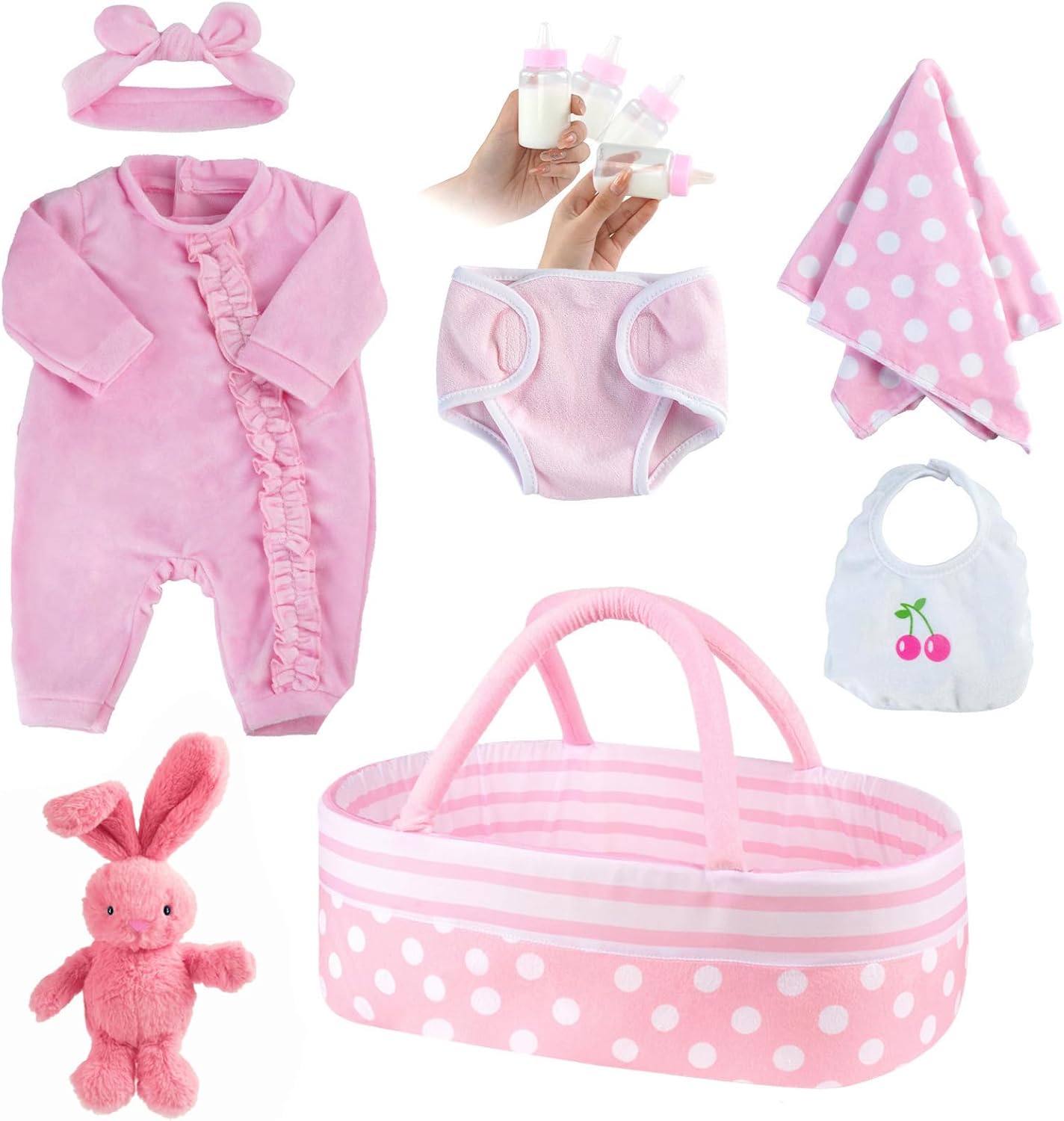 JIZHI 8 Pcs Reborn Baby Doll Clothes Set with Bassinet for 17-22 Inch Dolls, Baby Dolls Clothes and Doll Accessories Set fit Newborn Baby Doll Girl, Pink