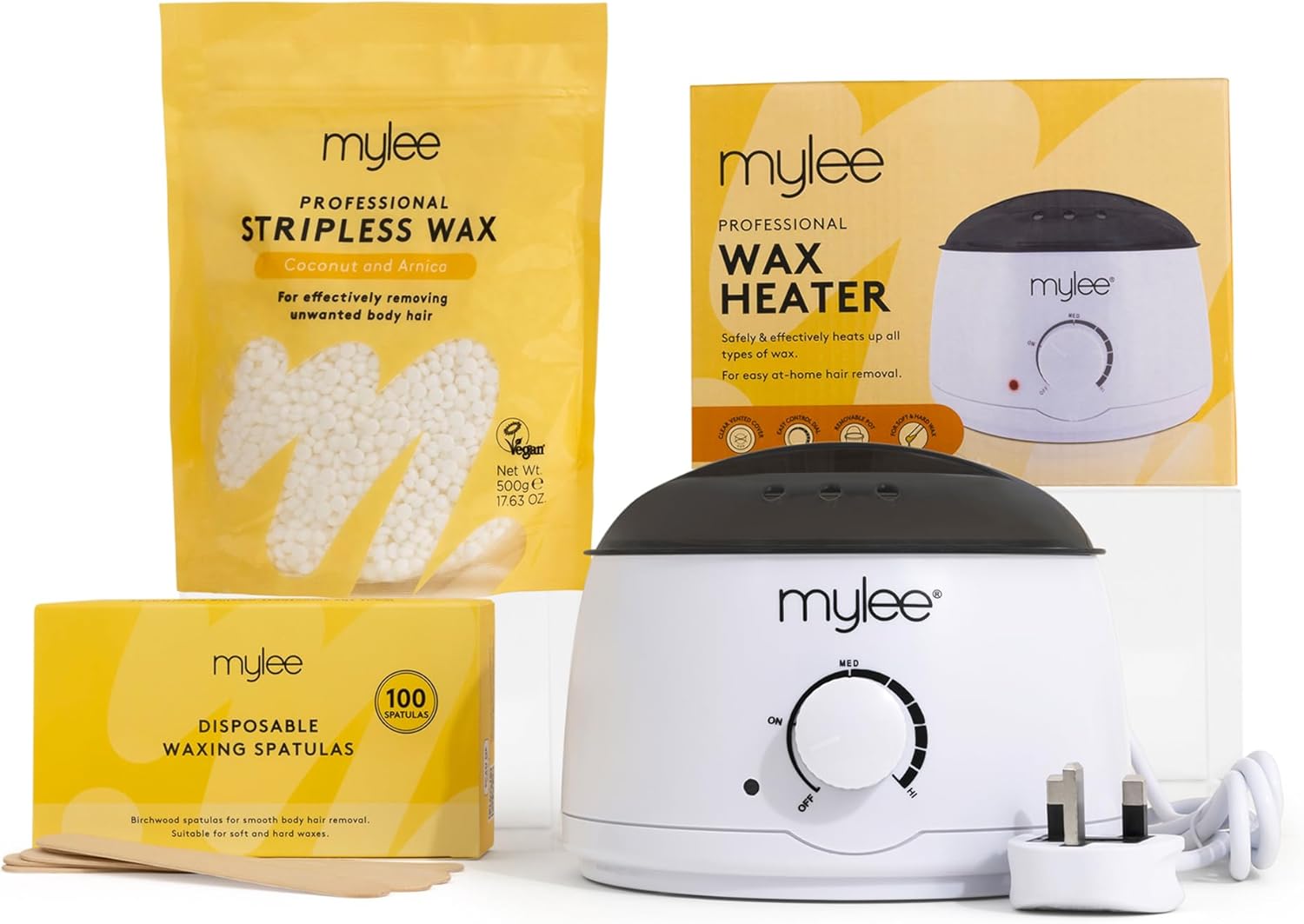Mylee Professional Waxing Kit with Wax Heater, Hard Wax Beads 500g, Spatulas - Stripless Depilatory Waxing Pellets Solid Film Beans No Strip Needed (Coconut & Arnica)