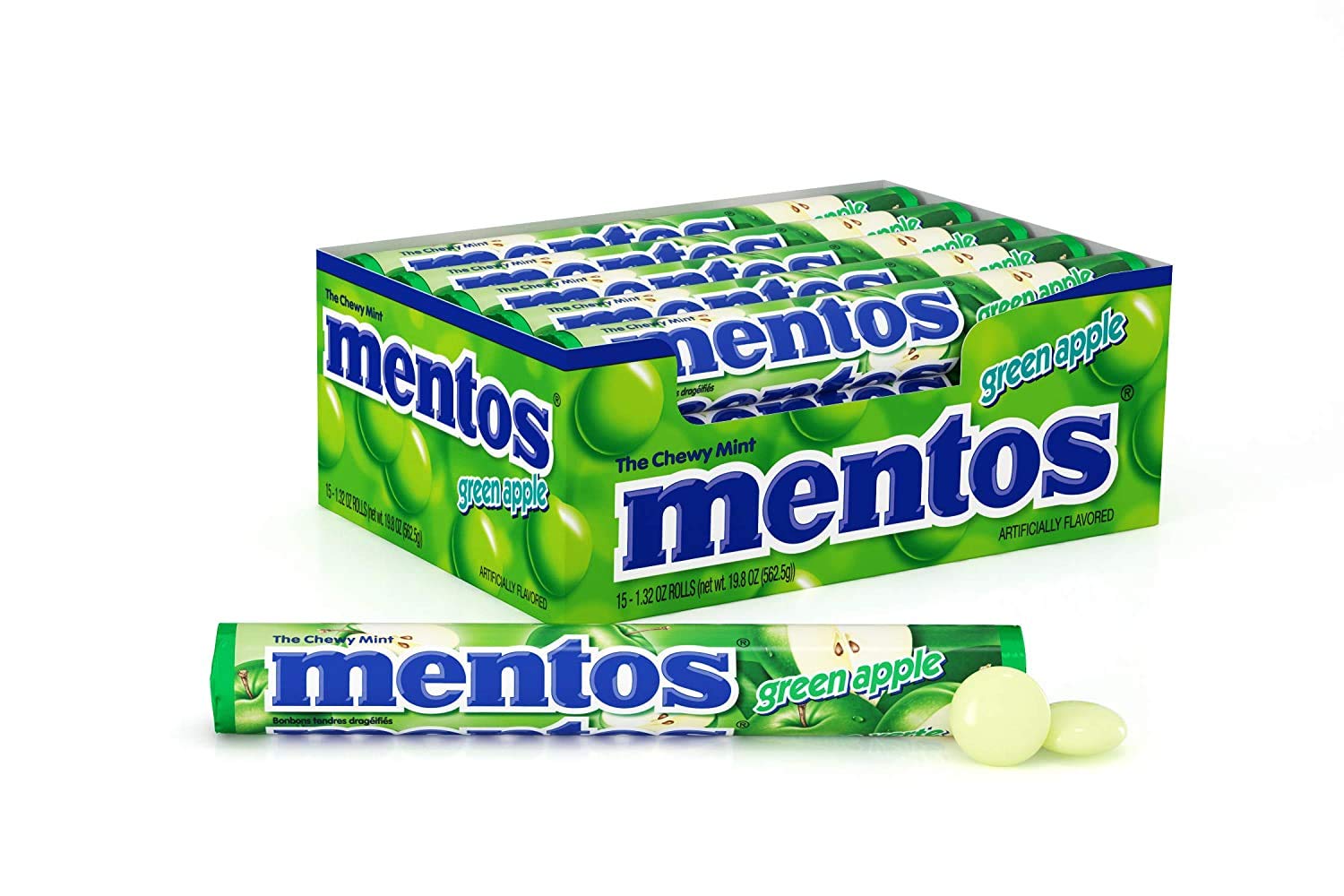 Mentos Chewy Mint Candy Roll, Green Apple Mint Candies, 14 Pieces Per Roll, 15 Count Party Pack