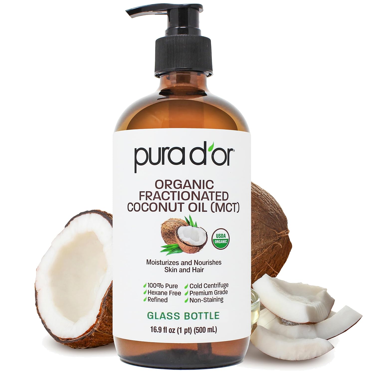 PURA D'OR 16.9 Oz ORGANIC Fractionated Coconut Oil MCT Oil (GLASS BOTTLE) 100% Pure & Natural USDA Certified Cold Pressed - Unscented, Hexane Free Moisturizer For Face, Skin & Hair Tonic - Men & Women
