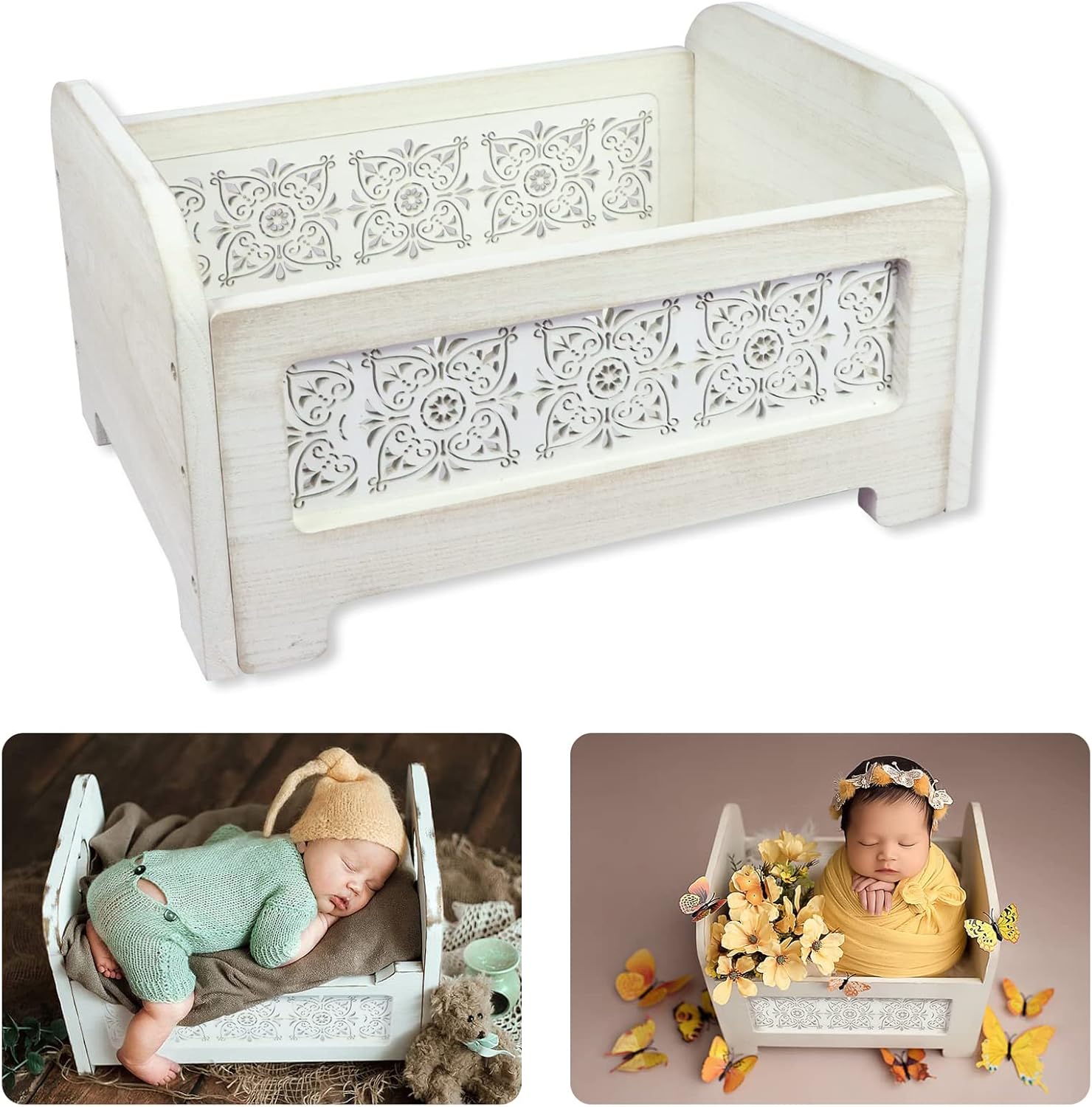 Yarstar Retro Newborn Photography Props Bed with Box White Hollow Carved Pattern Wooden Baby Photography Props Doll Bed Baby Photography Accessories Wooden Mini Doll Bed