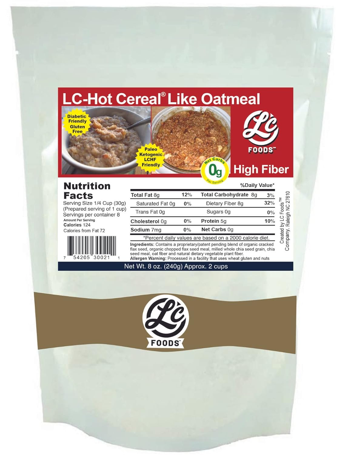 LC Foods Hot Cereal | All Natural Ingredients | Low Carb Oatmeal | Diabetic Friendly | Gluten-free | No Sugar Added | Delicious Taste Low Carb Cereal Perfect for Breakfast (8 Oz)