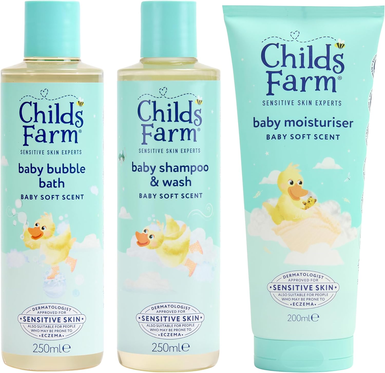Childs Farm Baby Regime Bundle | Bubble Bath (250ml), Shampoo & Body Wash (250ml) and Body Moisturiser (200ml) | Baby Soft Scent | Suitable for Newborns with Sensitive, Dry, Itchy Skin