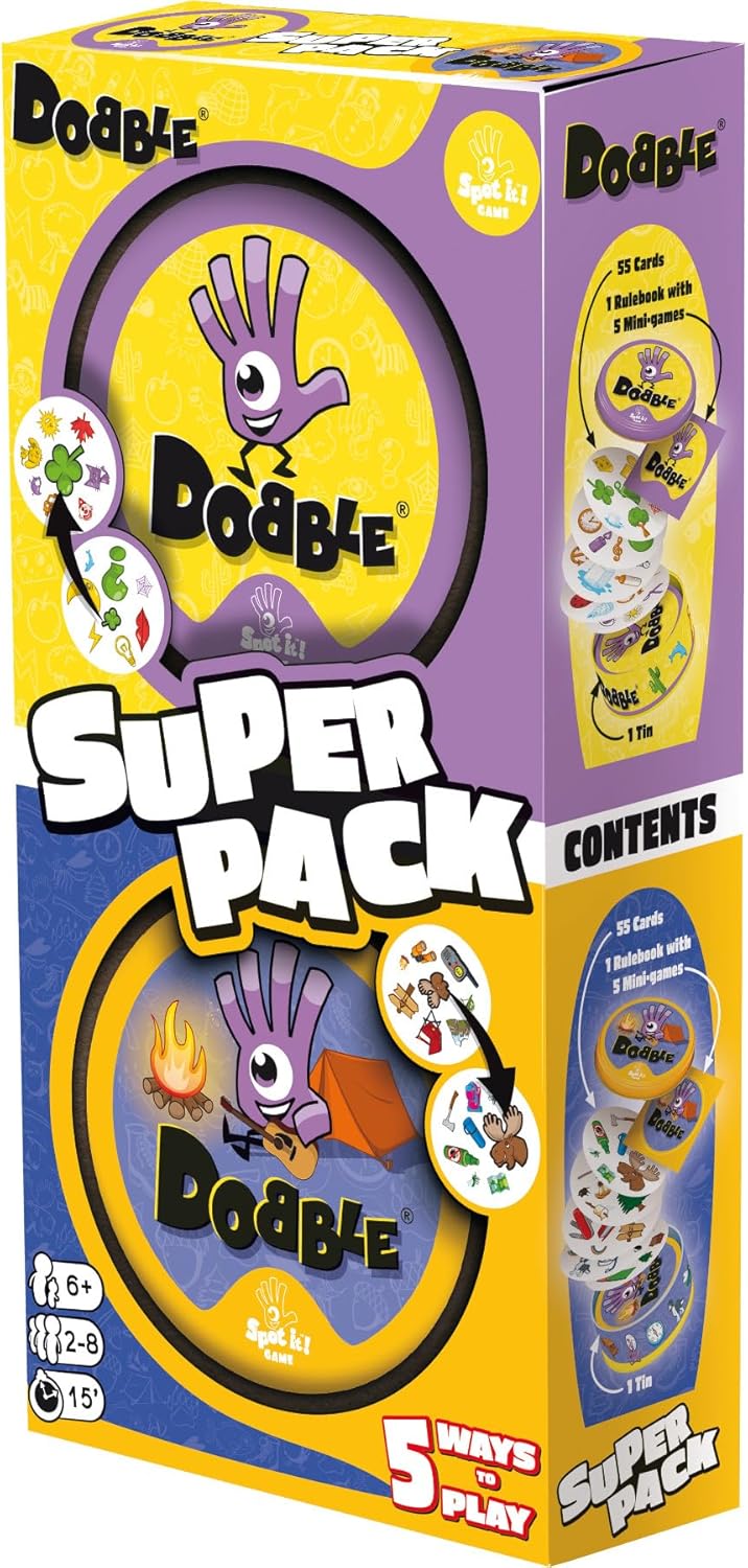 Asmodee | Dobble Super Pack Age 6+ (Camping + Classic) | Family Card Game | Ages 6+ | 2-8 Players | 15 Minutes Playing Time