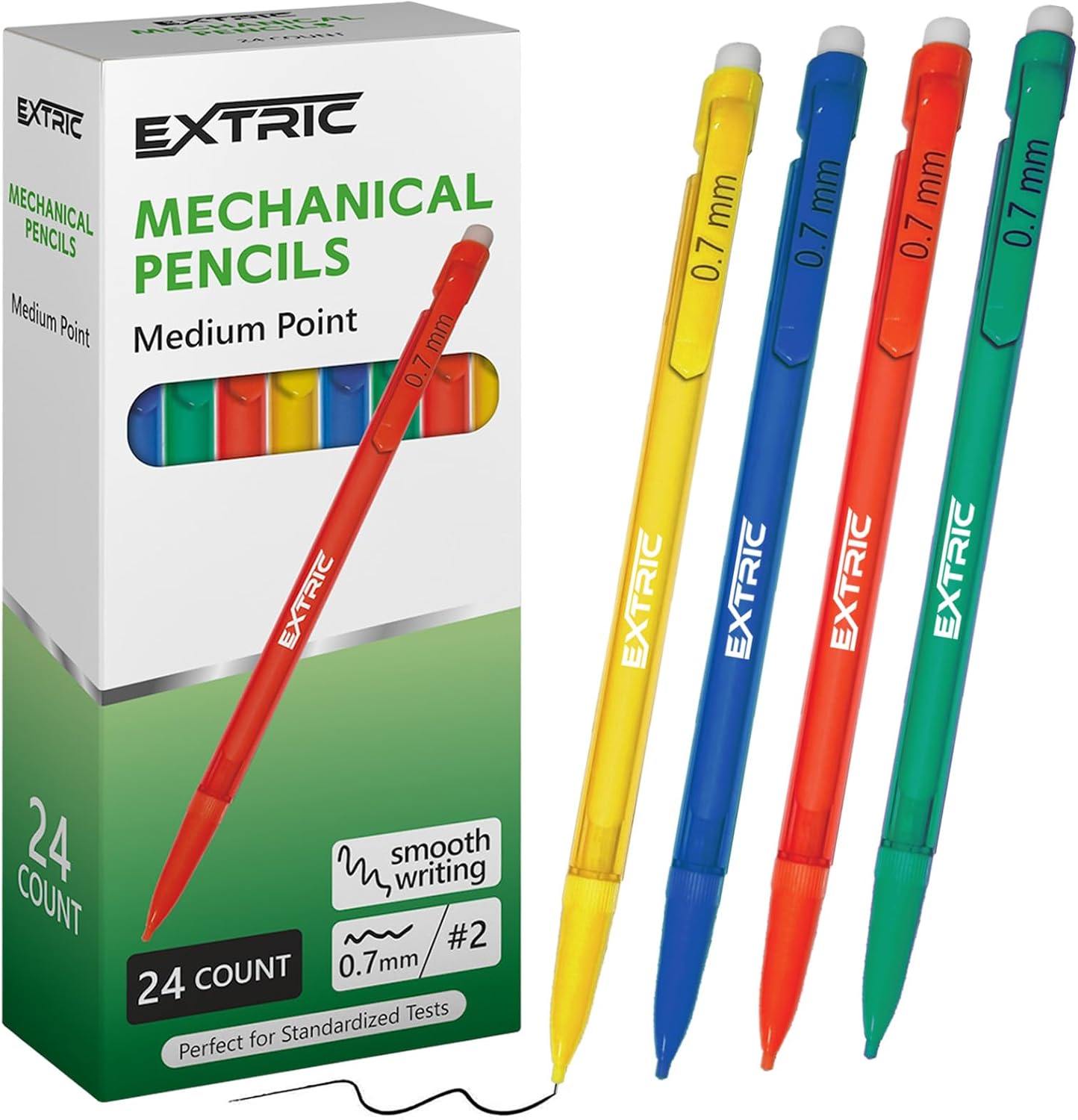 EXTRIC Mechanical Pencils 0.7 mm with Erasers, Medium Point Lead, HB number 2, Assorted Barrels, 24-Count Pack, Perfect for Writing and Drawing