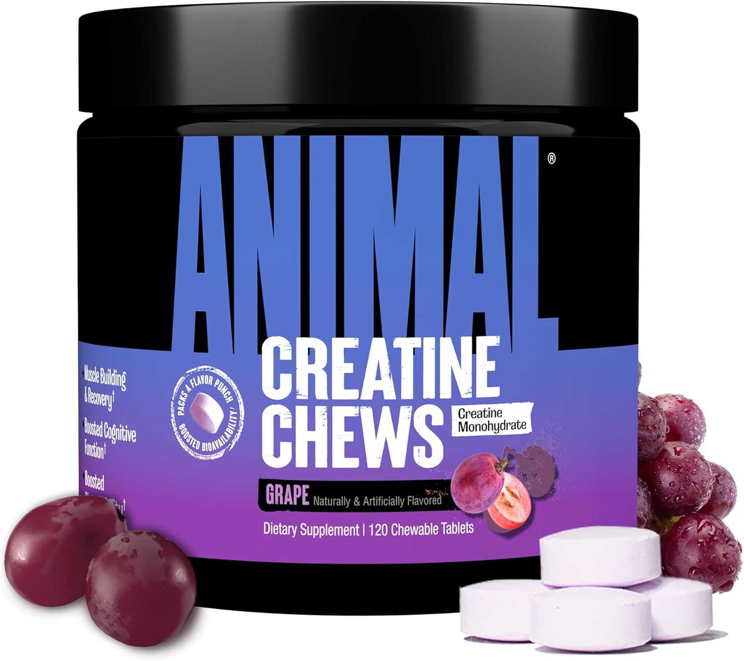 Animal Creatine Chews Tablets - Enhanced Creatine Monohydrate with AstraGin to Improve Absorption, Sea Salt for Added Pumps, Delicious and Convenient Chewable Tablets - Grape
