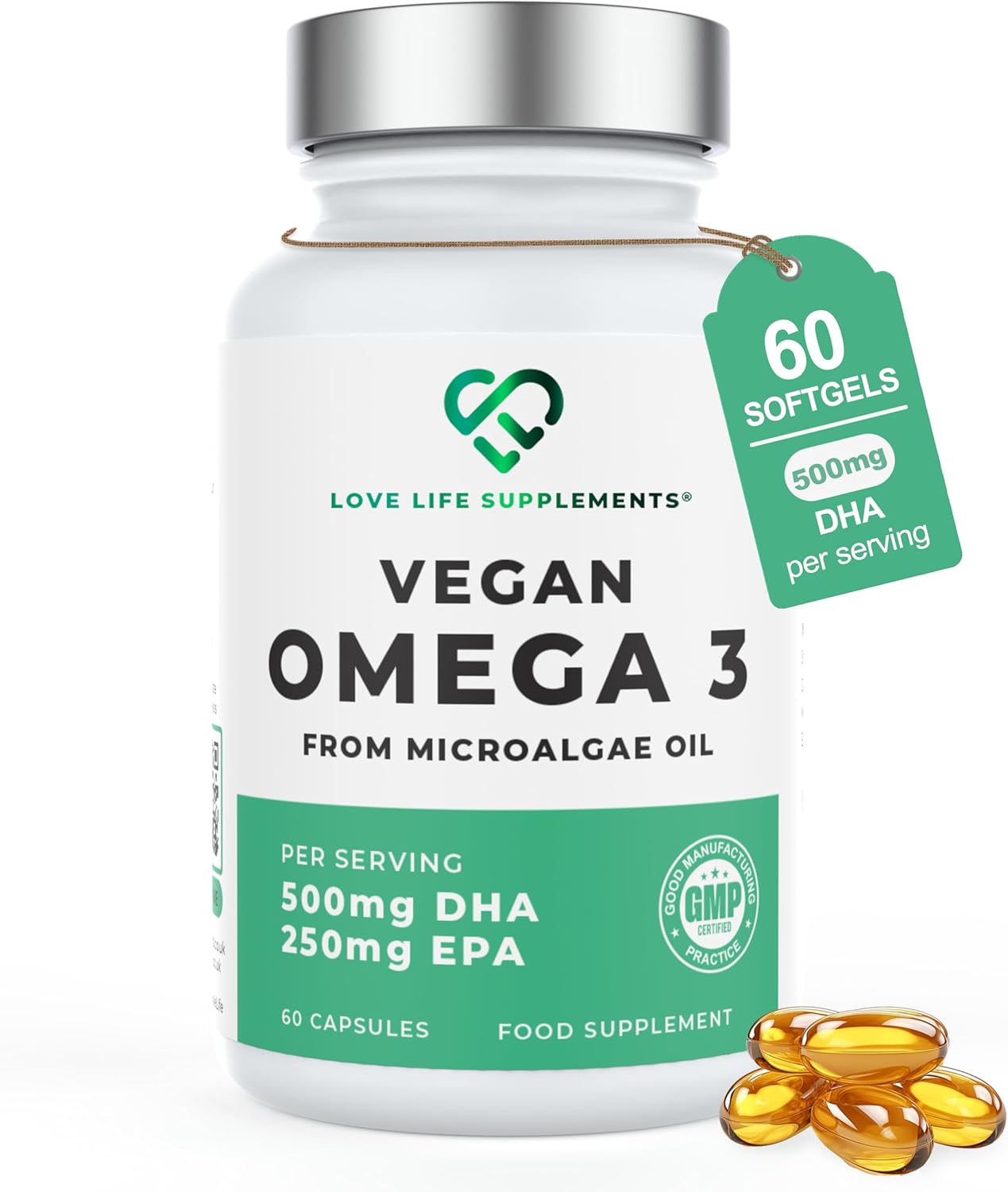 Vegan Omega-3 500mg DHA & 250mg EPA – 60 Algae Oil Softgels (Carrageenan Free) – High Strength Plant-Based Omega 3 – Polaris Omegavie® with Qualitysilver® – Heart, Brain & Eye Support – Sustainable