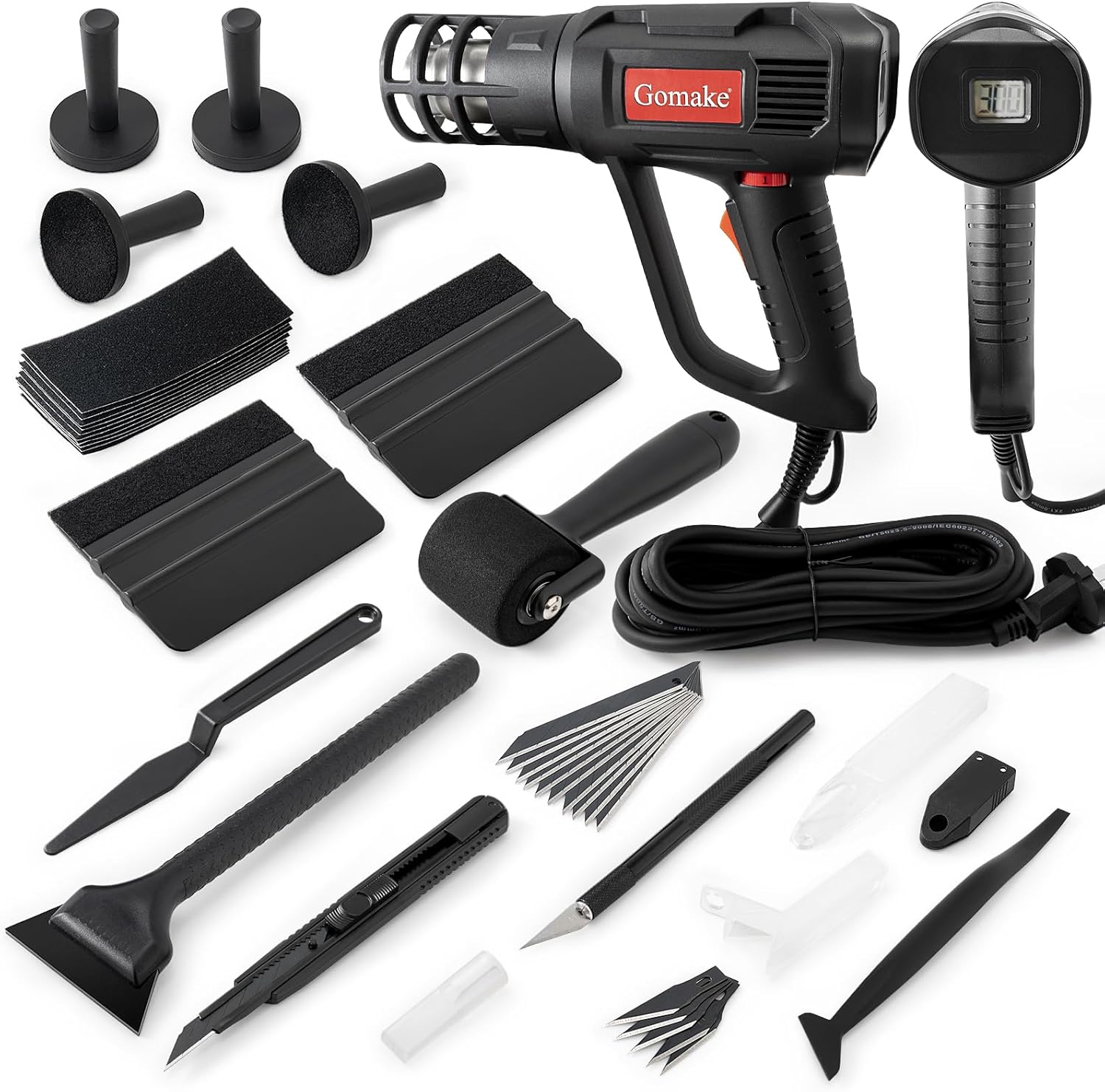 Gomake Vinyl Wrap Tool Window Tinting Kit with Heat Gun 16FT Cord,Sponge Roller,Magnet Holder,Vinyl Tucking Tool,Tint Squeegee, Film Cutter for Car Wrapping, Graphics and Decal Installation