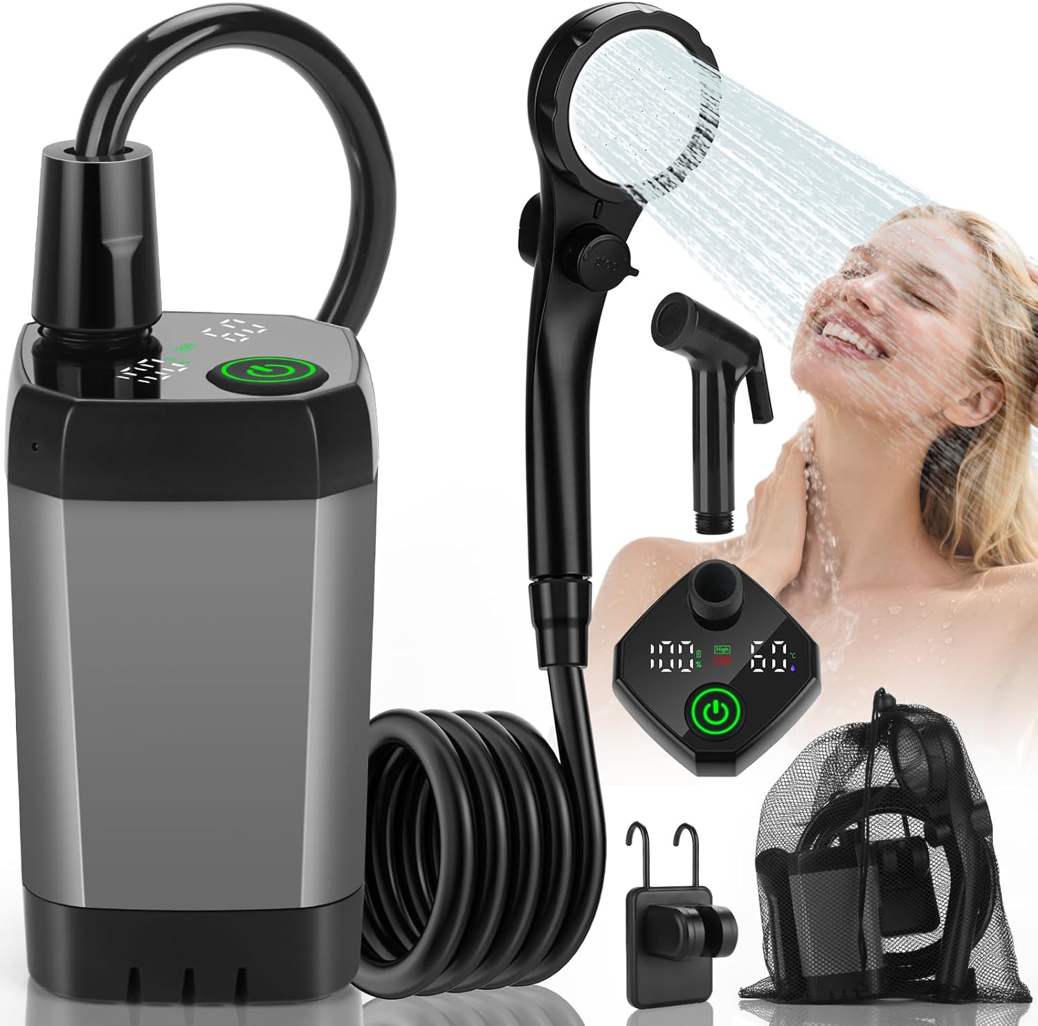 Portable Shower for Camping, Rechargeable Camping Shower Pump with LED Display of Battery Level and Temperature, Lasting-150 Mins, Suitable for Outdoor Shower, Pet Bath, Car Washing