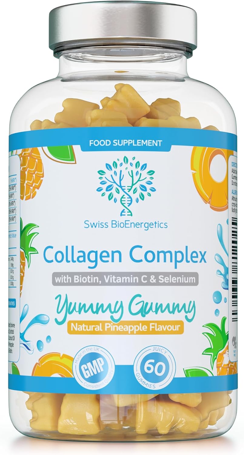 Collagen Complex - 60 Natural Pineapple Flavour Chewable Yummy Gummies - One a Day 500mg Hydrolysed Collagen, Biotin, Vitamin C and Selenium – Healthy Skin and Hair for Men and Women – UK Made