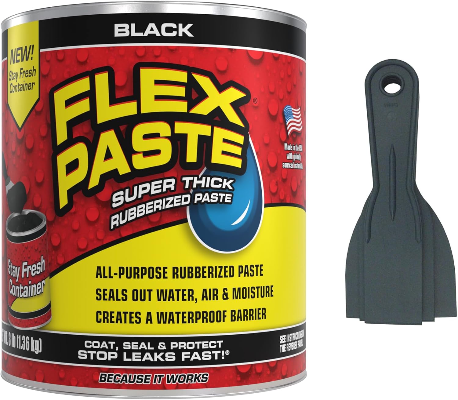 Flex Seal Flex Paste 3lb (Black) Tub with Allway Tools Putty Knives 3-Pack (1.5/2/3-Inch) (2 Items)