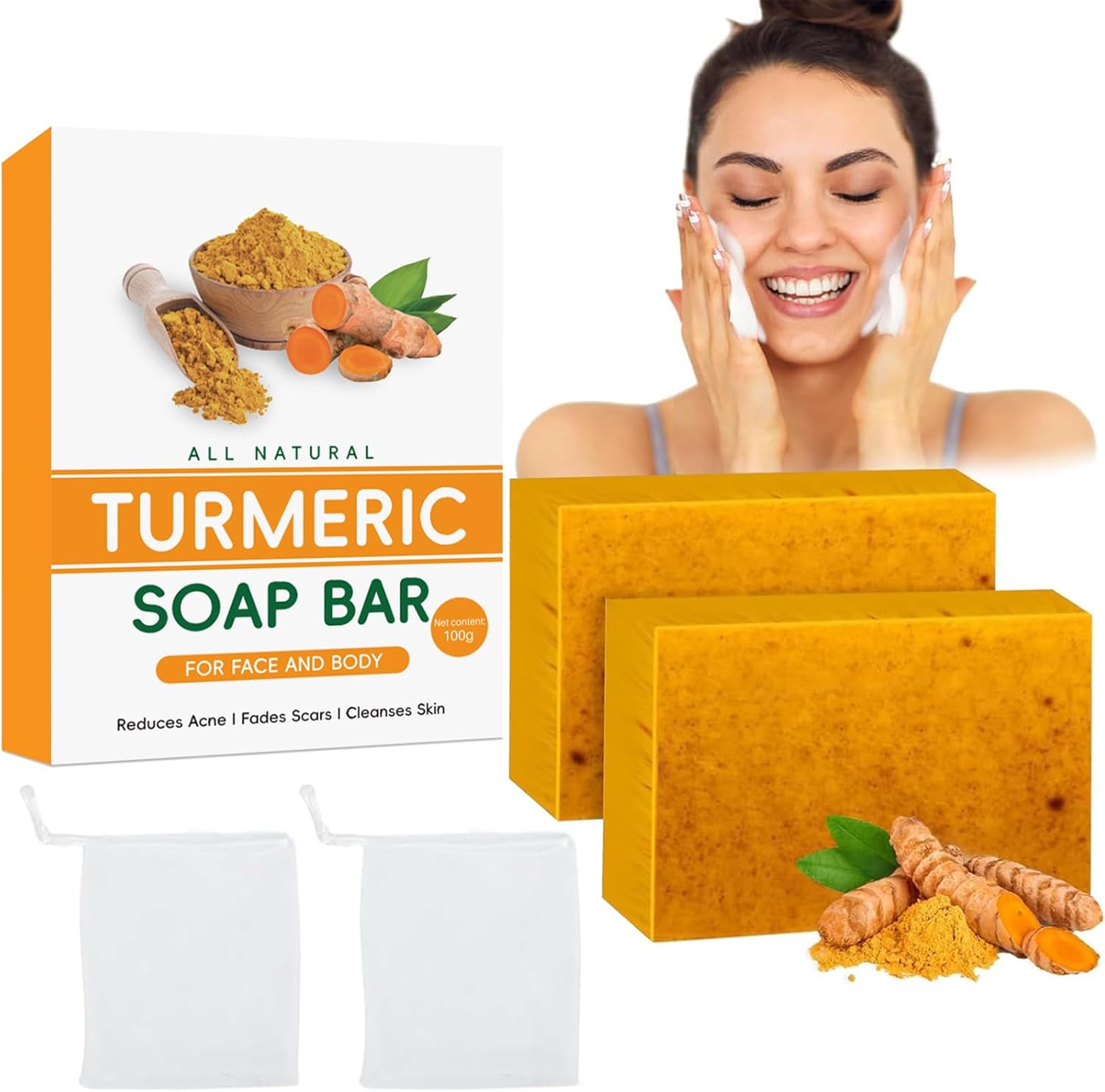 2PCS Turmeric Soap Bar, Natural Handmade Kojic Acid Soap for Face & Body, Dark Spot Acne Blackheads Remover for Even Skin Tone, Moisturizing Erase Fine Lines, Gentle Vitamins C Soap with Foaming Nets