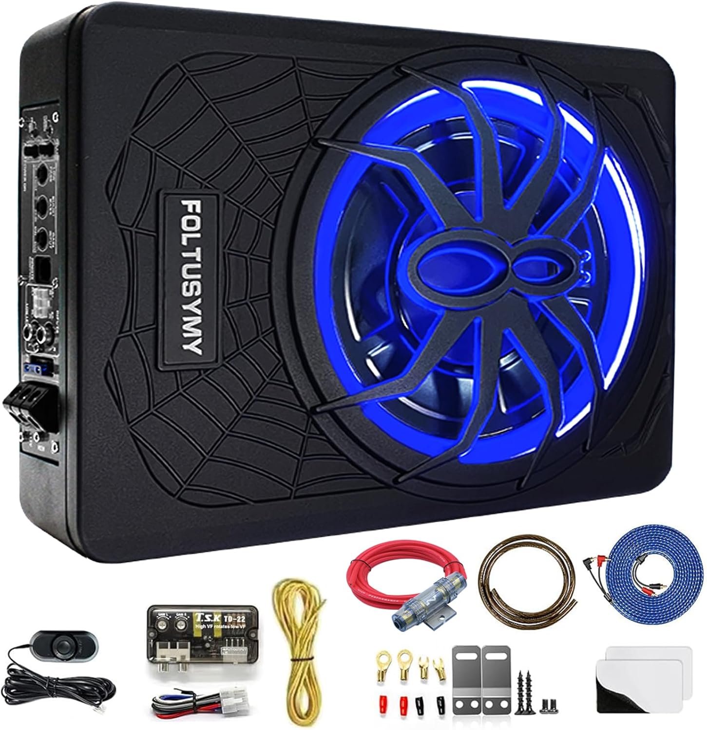 1200W 10" Slim Under Seat Powered Car Subwoofer, High/Low Level Input, Car/Truck Audio Sub Built-in Amplifier amp Combo Package, with Blue LED Light