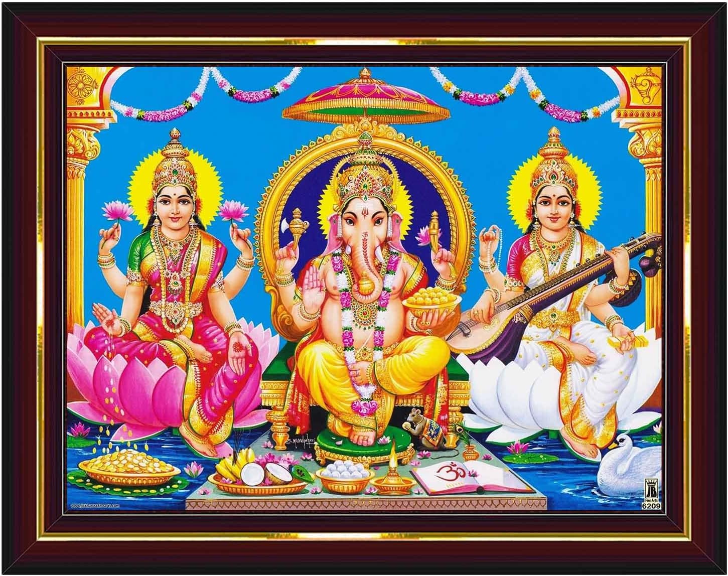 Pavan Photo Laminations Lakshmi Devi Ganesha Saraswati Ganesh Hanging Wall Painting Framed Home Decor (Wood,Matte,Brown,Small Size,6 x 8 Inch) B384S