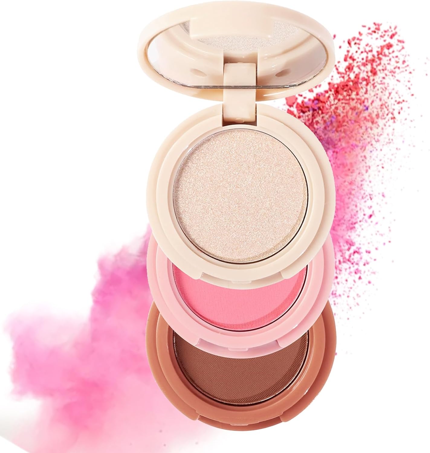 3-in-1 Blush & Eyeshadow Palette - Peach Matte Powder with High-Shine Finish, Silky & Lightweight for Layered Cheek Makeup