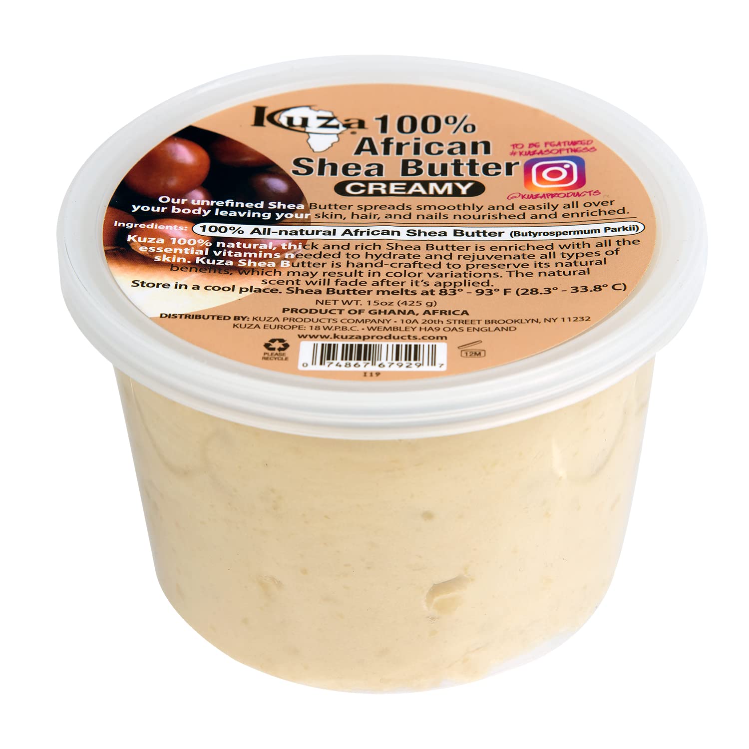 Kuza 100% Pure African Shea Butter with Borututu, White Creamy - 15oz. - Moisturizer for Hair, Skin & Nails