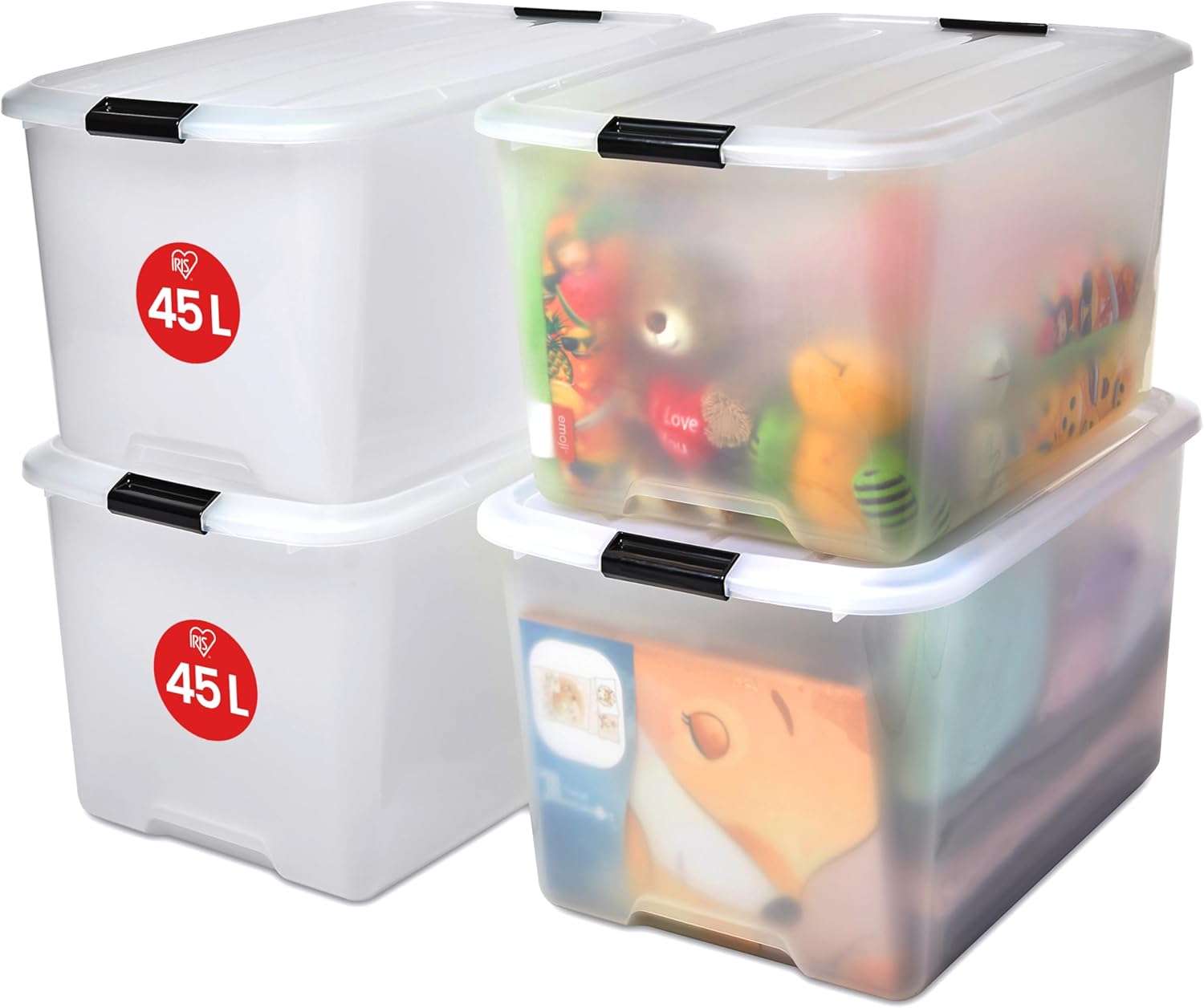 Iris Ohyama Plastic Storage Boxes with Lids, 45L, Set of 4, Clear, Latching Buckles with Handles, Stackable, Nesting, Strong & Durable, For Closet, Garage, Home, Office, Organising Tote Bins, TB-45