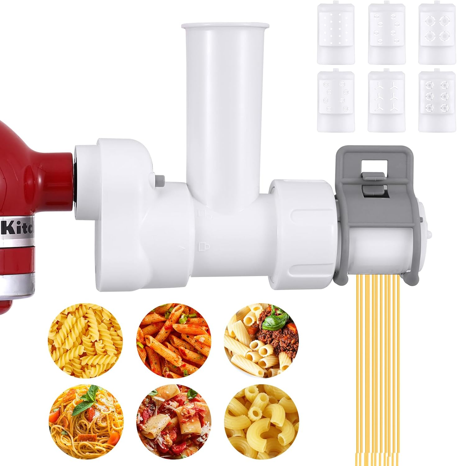 Pasta Maker Attachment for KitchenAid Stand Mixers Included 6 Different Shapes of Pasta Outlet, Durable Pasta Press Attachments and Cleaning Brush,White