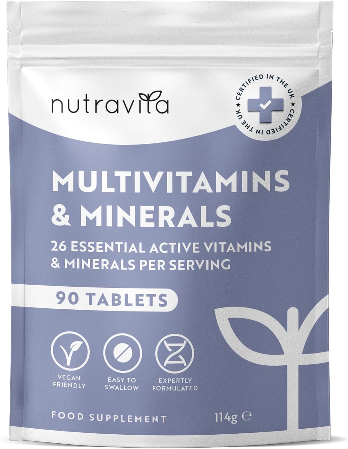 Multivitamin Tablets for Men & Women - 26 Essential Active Vitamins & Minerals with Vitamin C, D, Iron, and Zinc - 90 Vegan Multi Vitamin Tablets for a 3 Month Supply - Made in The UK - Nutravita