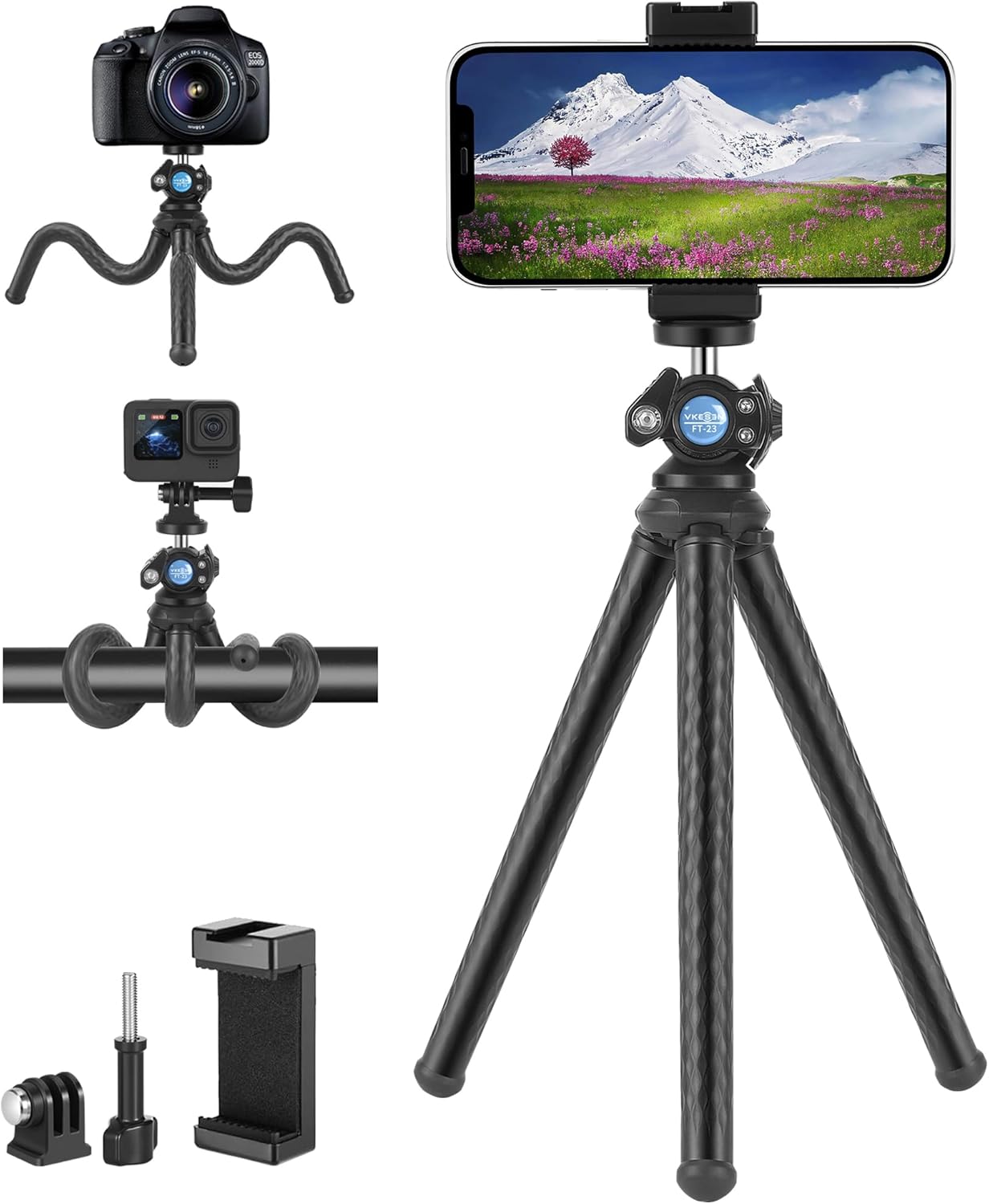 Vkesen Flexible Phone Tripod Stand for Smartphone, Action Camera, Travel Tripod with Mobile Phone Mount for Cellphone, Sports Camera, IPhone, Samsung, GoPro