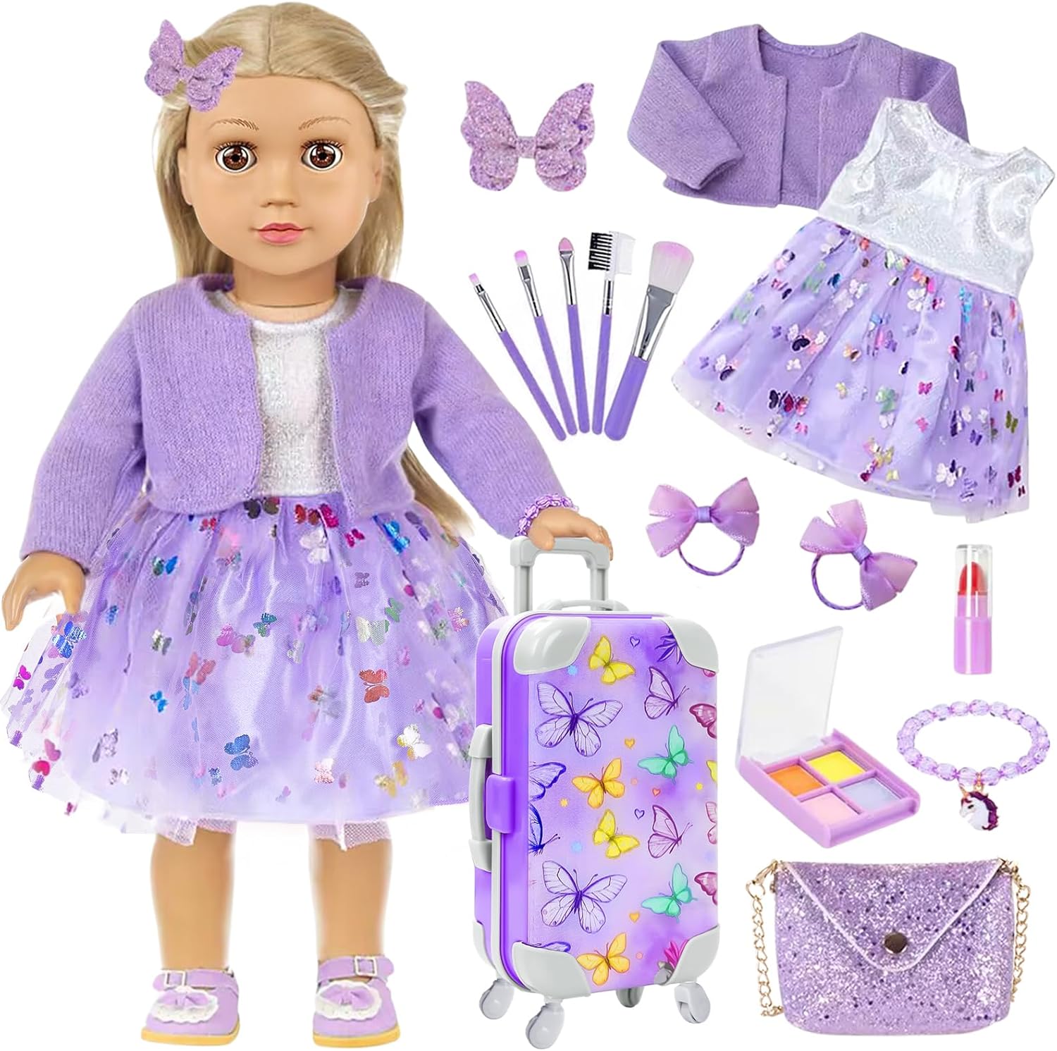 DONTNO American 18 Inch Doll Accessories with Travel Suitcase Makeup Play Set and Clothes,Shoulder Bag,Eye Shadow Plate,Butterfly Hairpin,Bracelet,Lipstick,Hair Tie,Eyelash Brush,No Doll and Shoes