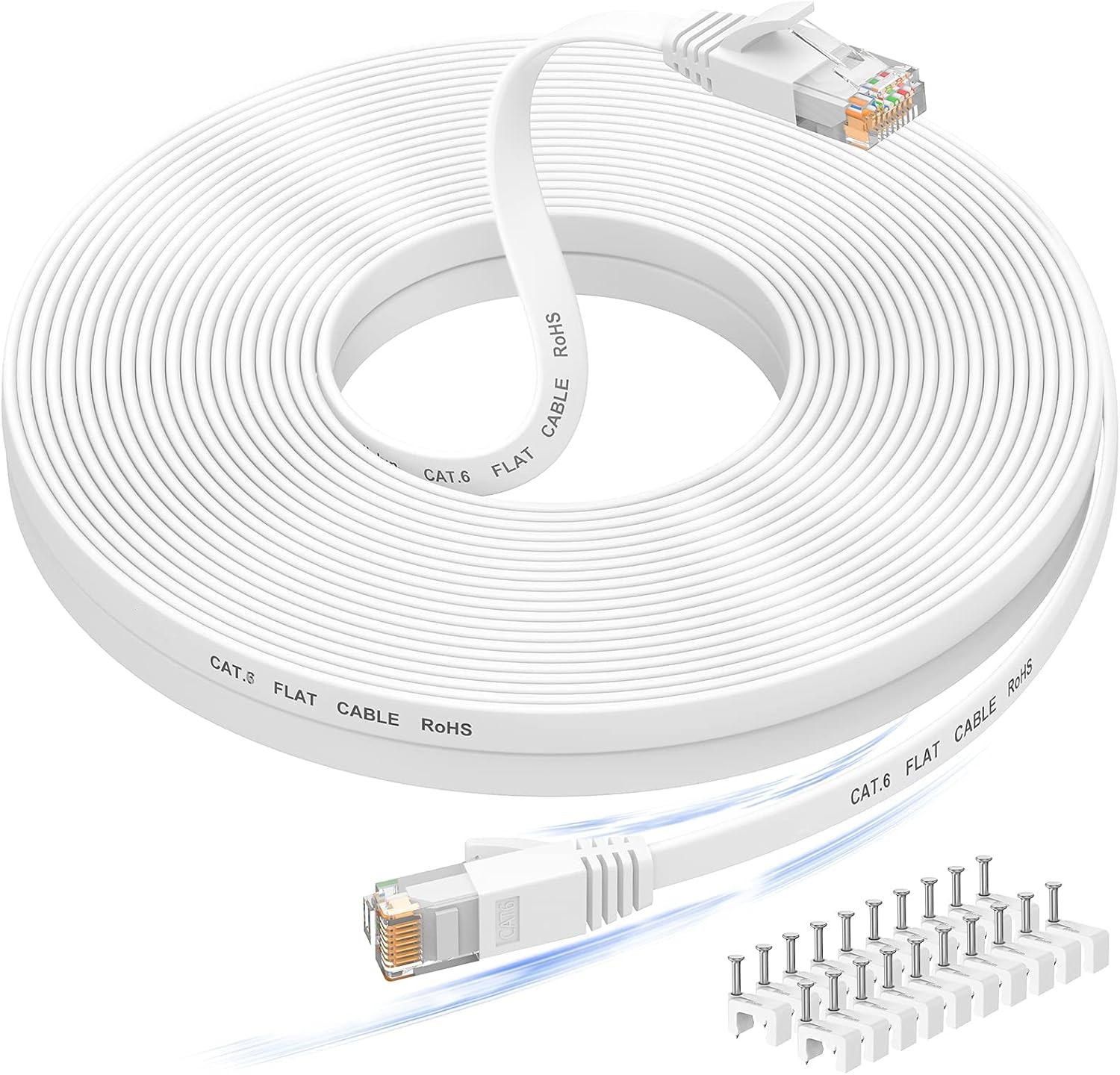 Nixsto 20M Ethernet Cable, Cat 6e/Cat6 Long Internet Cable with Snagless Rj45 Connector, High Speed Patch Cord Than Cat 5e/Cat 5, Flat White Shielded LAN Cable for Network Switch, PS4 and Modem