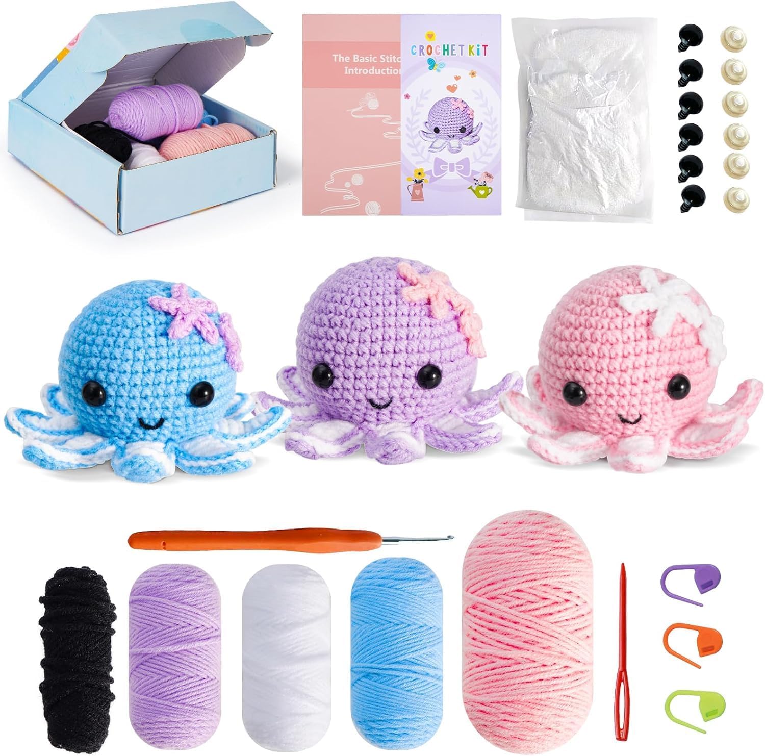 Crochet Kit for Beginners: Make 3 Cute Amigurumi Animals with Easy-to-Follow Video Tutorial, Complete Beginner Crochet Kits for Kids Adults, Creative Christmas Birthday Gift Idea for Women & Girls