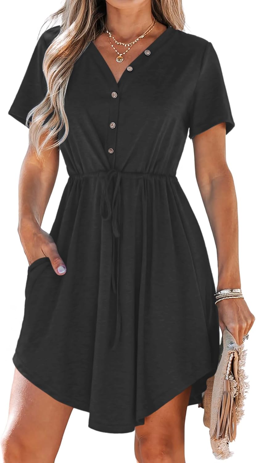 AUSELILY Summer Dresses for Women UK Casual V Neck Short Sleeve Drawstring Midi Dresses with Pockets