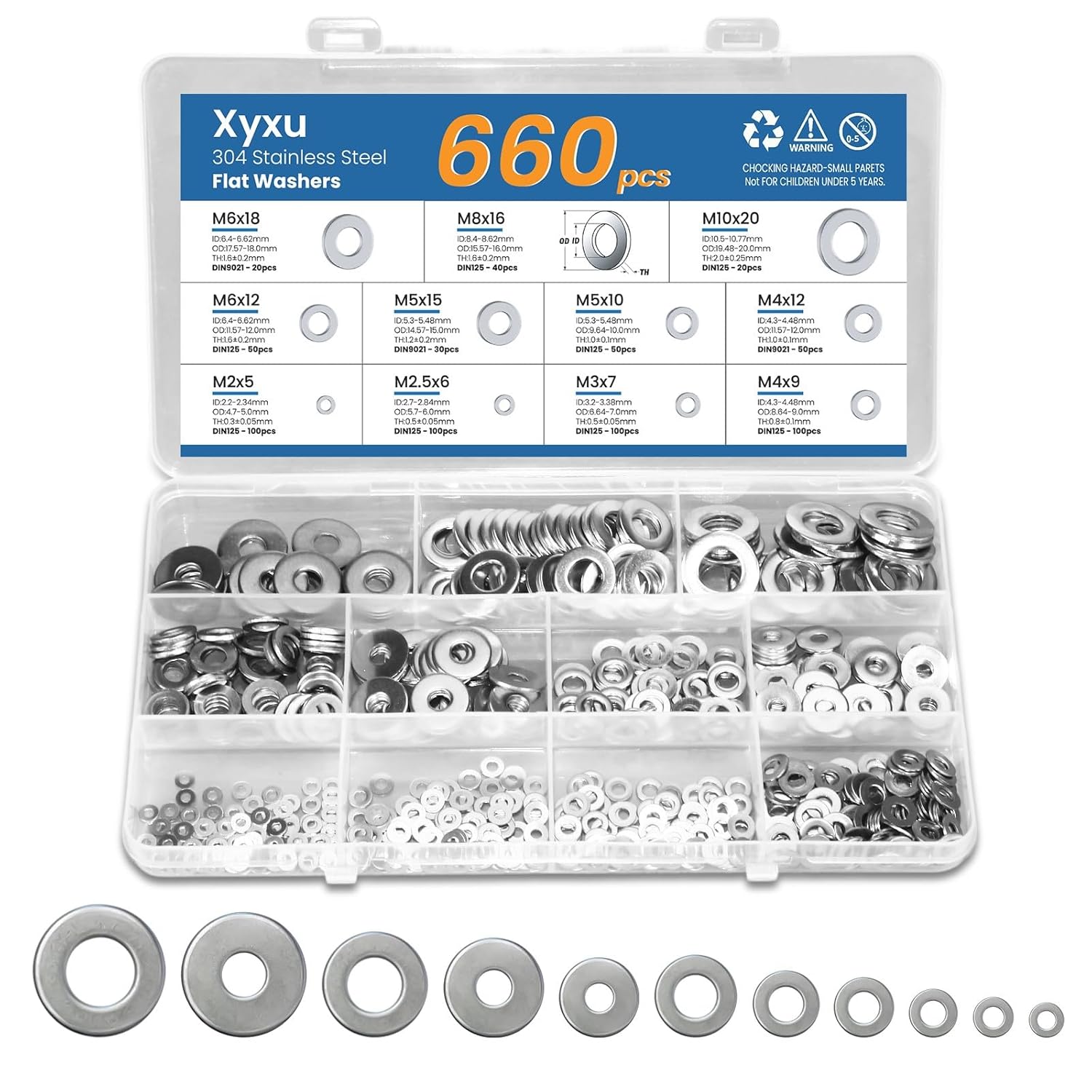 Xyxu 660pcs Stainless Steel Washers for Screws & Bolts - 11 Sizes (M2,M2.5,M3,M4,M5,M6,M8,M10) DIN125/DIN9021 Metal Washers Assorted - Rustproof Silver Metric Flat Washer Set for DIY, Home Repair