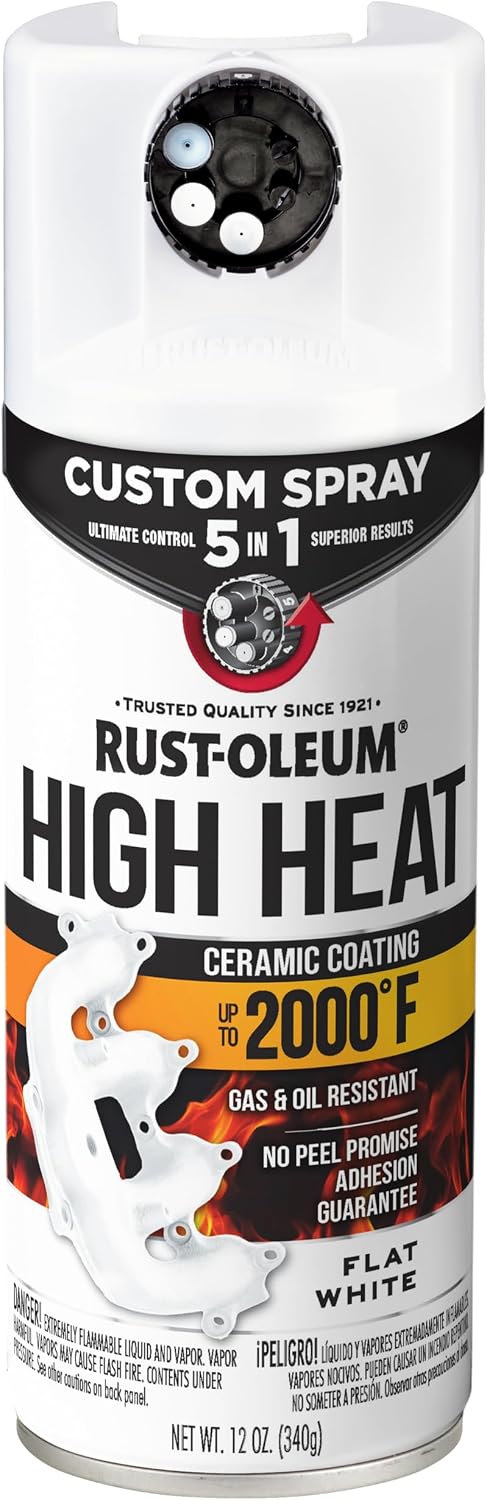 Rust-Oleum High Heat 5-in-1 Spray Paint, Flat White | 5 Spray Patterns | Heat Resistant to 2000 F | Ceramic Formula | Gas & Oil Resistant | Stops Rust Formula | Any-Angle Spray