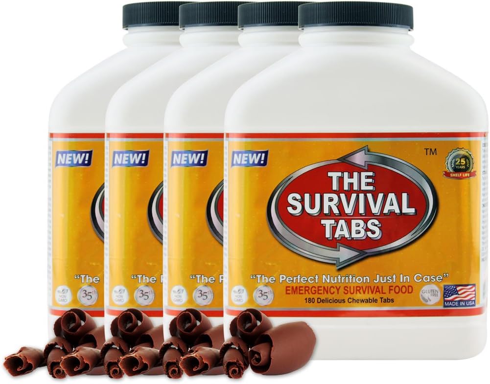 Survival Tabs - 60 day Survival Food Supply - Gluten Free and Non-GMO 25 Years Shelf Life (4 x 180 tabs/Bottle - Chocolate)