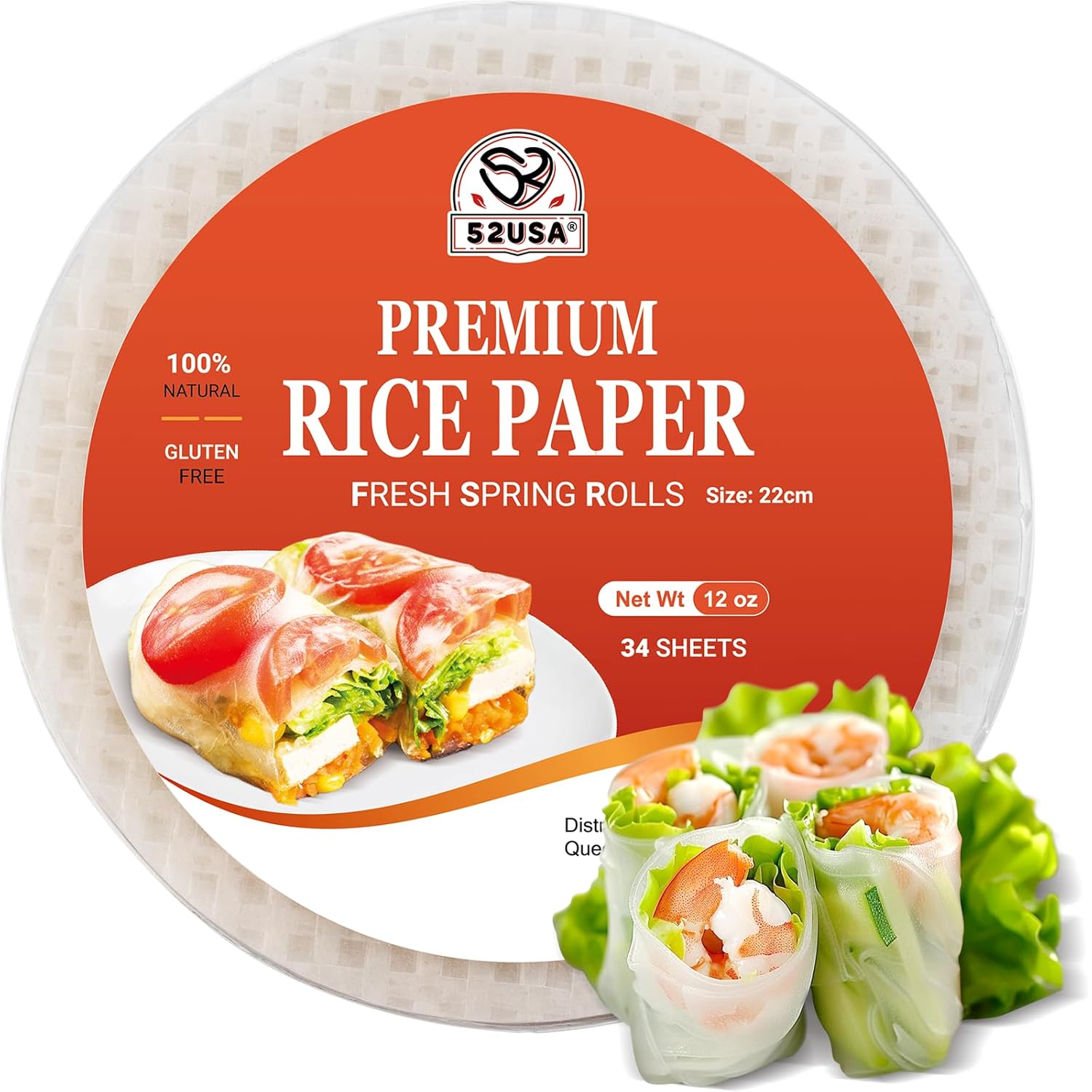 52USA Rice Paper, 1 Pack, 34 Sheets, Gluten-Free Wonton Wrappers, Vegan, Low Carb, Vietnamese Rice Wraps (Round, 22cm)