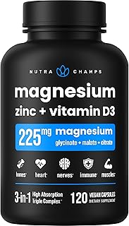 NutraChamps Magnesium Zinc & Vitamin D3 Supplement - Most Bioavailable Forms; Magnesium Glycinate, Malate, Citrate - Bone, Muscle & Heart Health, Immune Support - 120 Vegan Capsules