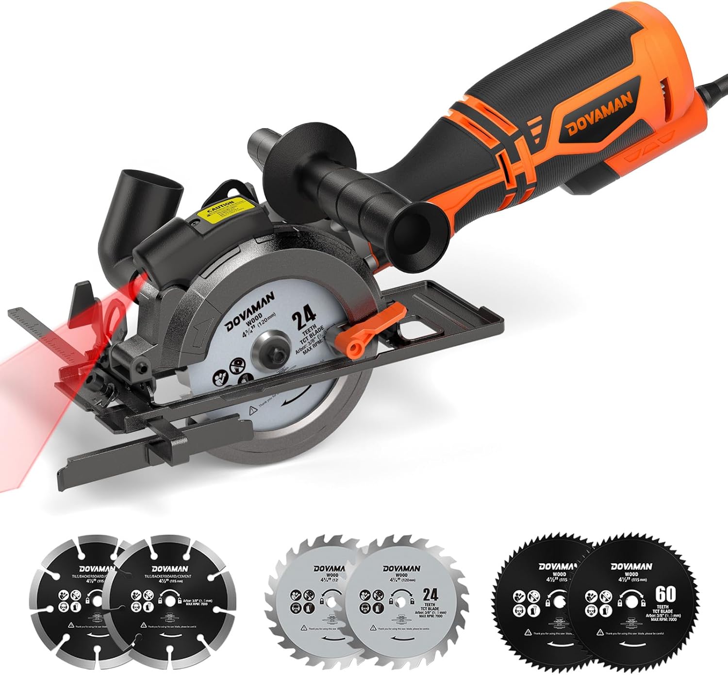 Circular Saw, 5.8A 4-1/2" Circular Saw w/Laser, Metal Auxiliary Handle, 6 Blades (4½", 4¾"), Cutting Depth 1-11/16" (90°), 1-1/8" (45°), Ideal for Wood, Soft Metal, Plastic, Tile - MCS01A