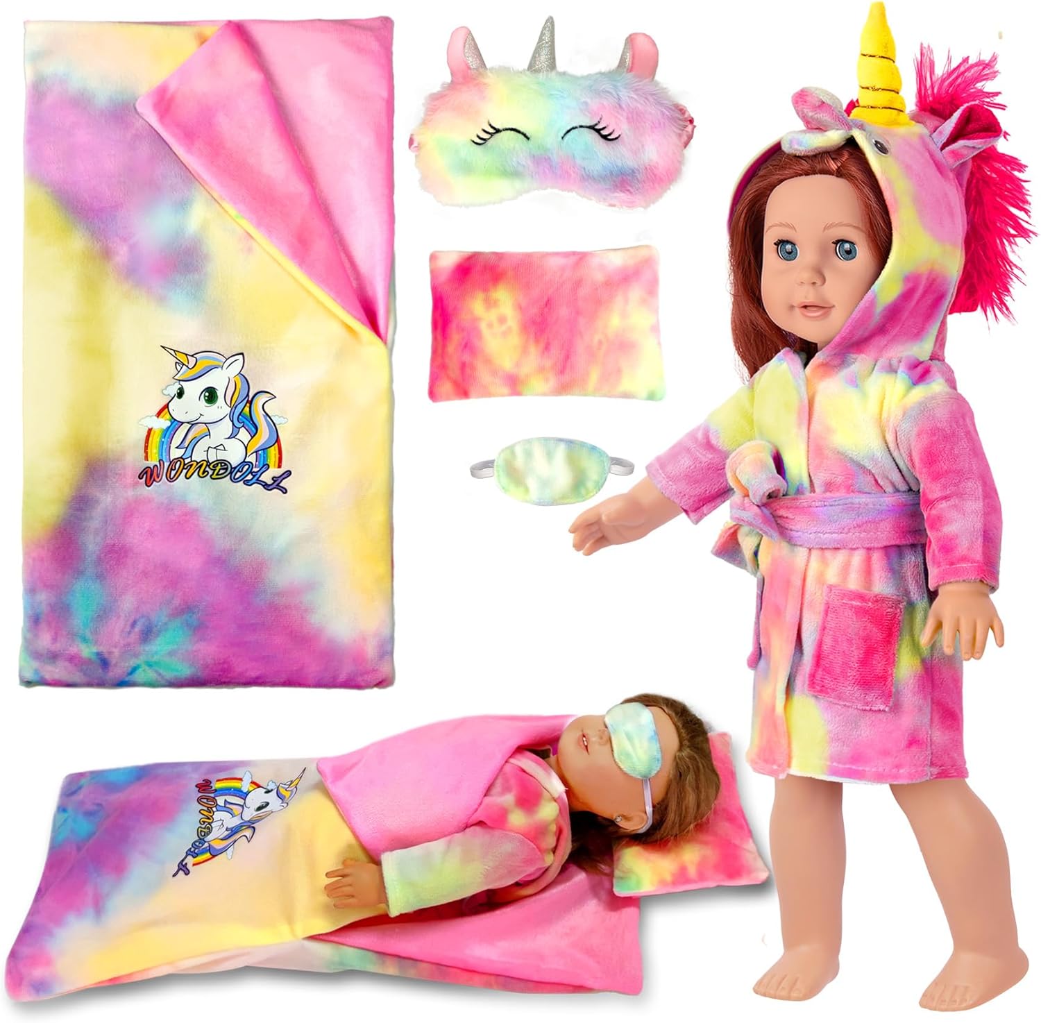 18-inch Doll Clothes and Doll Sleeping Bag Set with Matching Sleepover Masks & Pillow