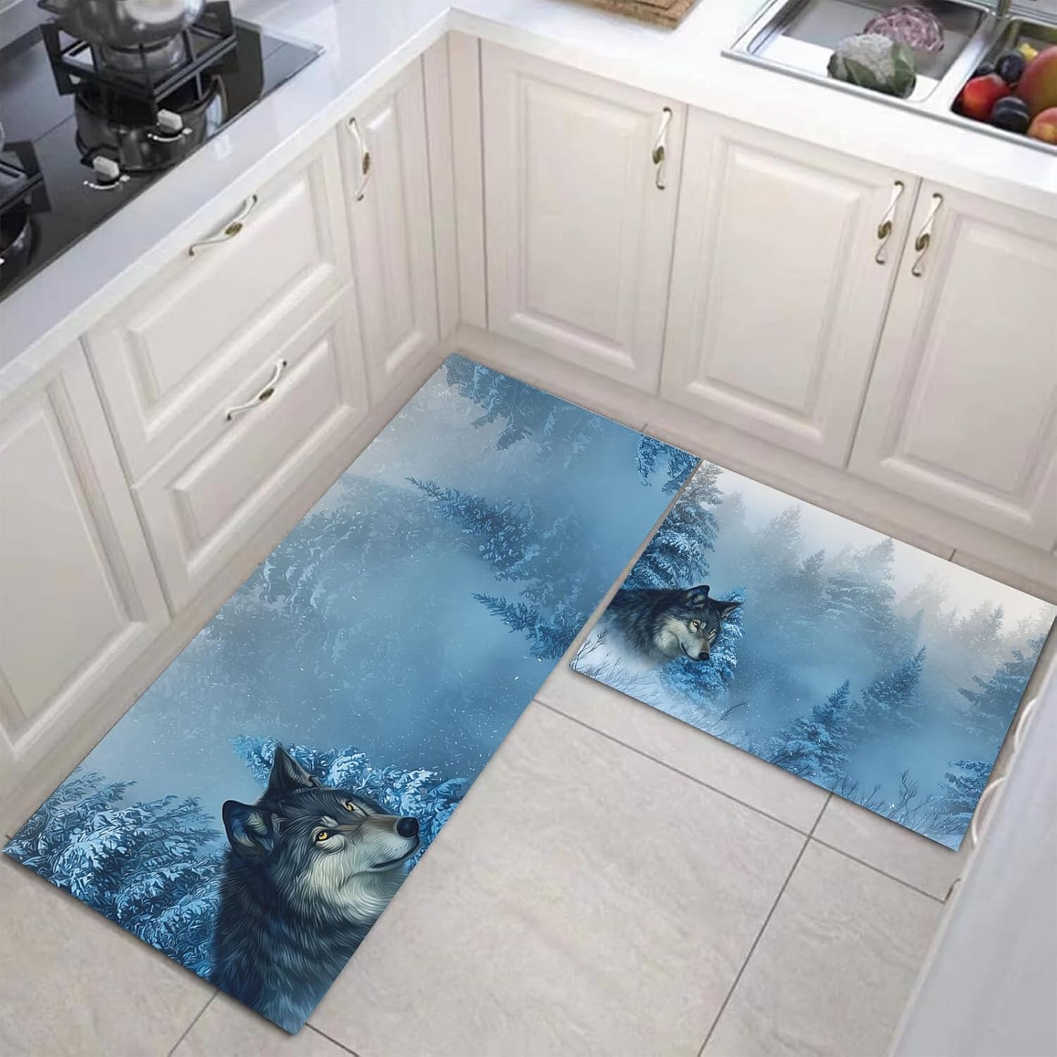 JEDTAKCT Winter Wolf Kitchen Rug Set 2 Piece Non Slip Anti Fatigue Sky Blue Kitchen Mat, Misty Forest Washable Mats And Rugs For Hallway Runner Set Dining Room Entryway Home