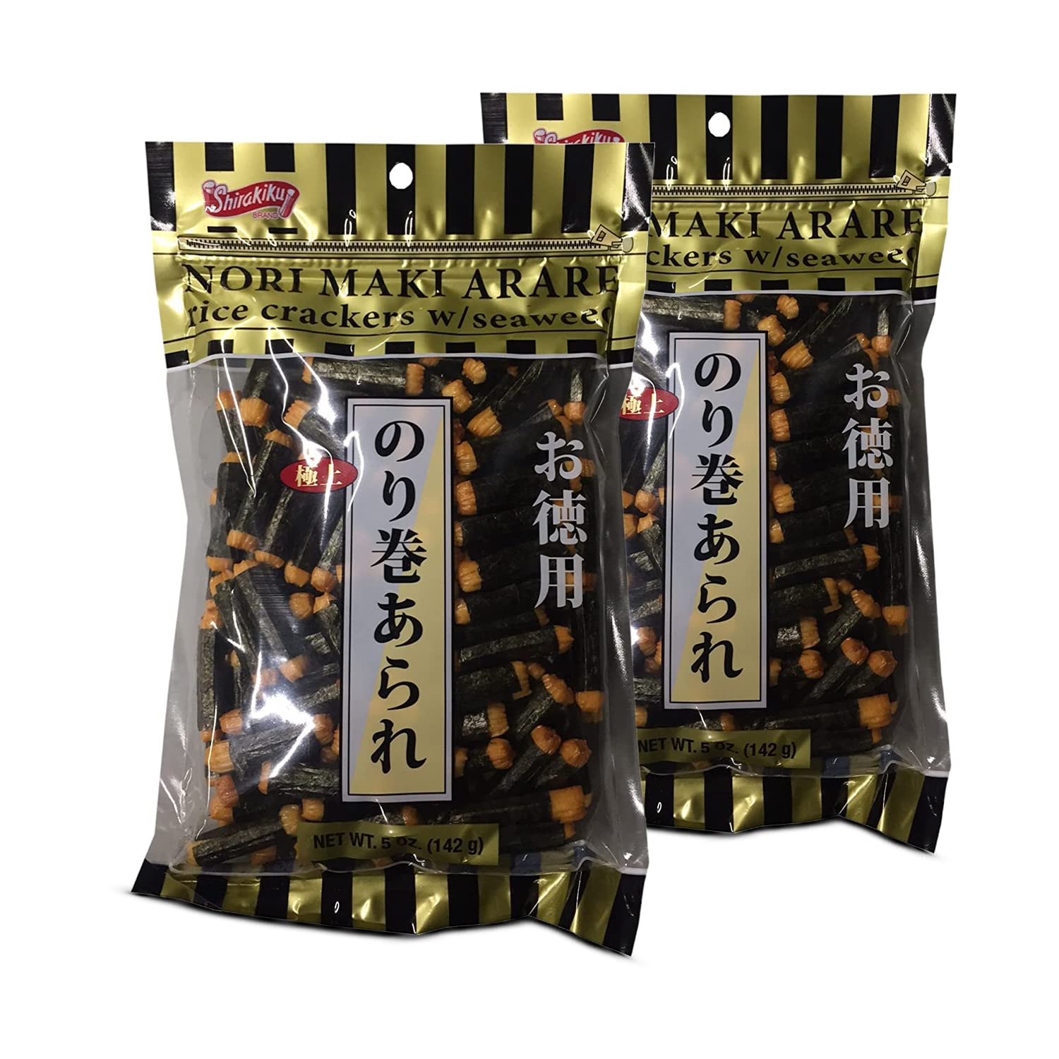Shirakiku Japanese Nori Maki Arare Rice Crackers with | Glutinous Rice, Soy Sauce, Wheat, and Seaweed | Crispy and Savory Cracker Snacks, Seaweed Flavor, 5 Oz