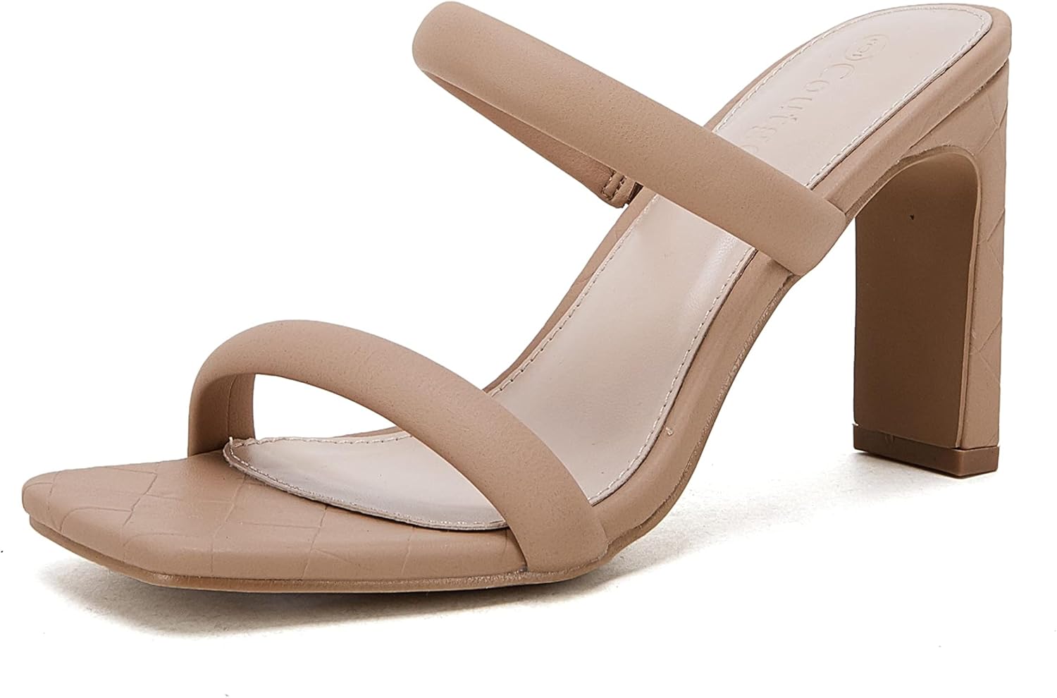 Coutgo Womens Square Open Toe Heeled Sandals Two Strap High Heel Backless Dress Slip On Mules