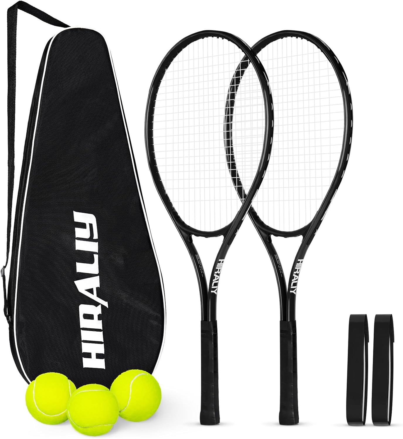 HIRALIY 27" Tennis Rackets Set of 2, 3 Tennis Balls, 2 Racquets, 2 Overgrip Tapes and 1 Carrying Bag Outdoor Recreational Sport Game