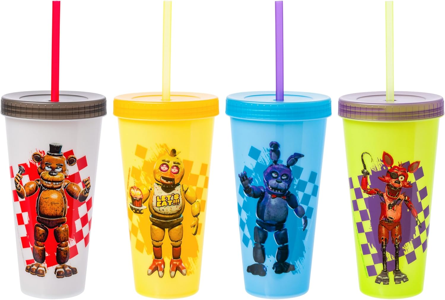 Silver Buffalo Five Nights at Freddy's 4 Pack Color Changing Plastic Tumblers Featuring Freddy Fazbear, Bonnie, Chica, and Foxy, 24 Ounces