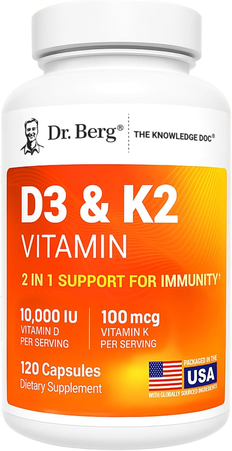 Dr. Berg Maximum Strength 2-in-1 Vitamin D3 K2 10,000 IU | Naturally Derived D3 | 4X Lab-Tested & Verified | High Absorption Formula | K2 D3 Vitamin Supplement - 120 Capsules