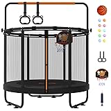 jumpfly 5ft/60'' Trampoline For Kids,Toddler Trampoline Indoor&OutDoor With Adjustable Gym Bar,Mini Kids Trampoline For Ages 1-6,Small Trampoline For Baby With Net,Gift For Boys&Girls,BastketBall Hoop