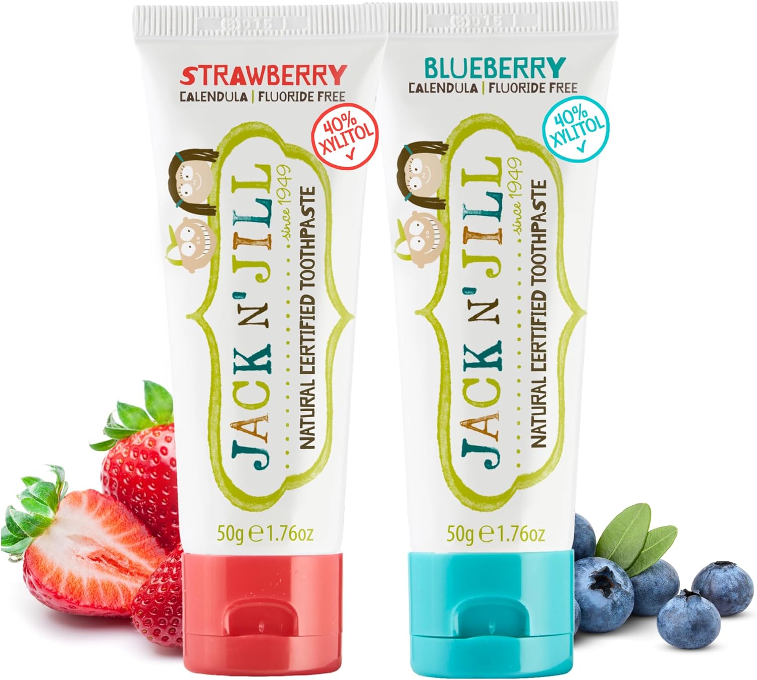 Jack N' Jill Kids Natural Toothpaste, Fluoride Free Toothpaste, Helps Soothe Gums and Fight Tooth Decay, Toothpaste for Baby, Toddler and Children 6 Months Plus Blueberry and Strawberry Bundle 2 x 50g