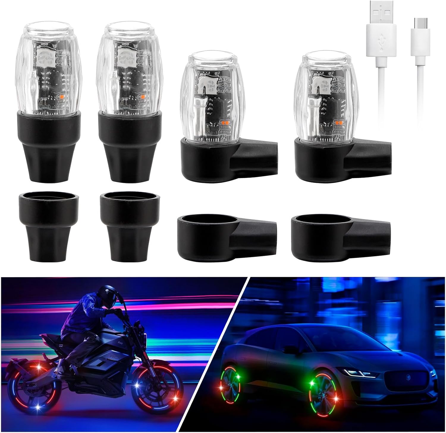 1797 Tire Valve Stem Caps LED Wheel Hub Strobe Flash Lights for Car Motorcycle Bike Golf Cart Schrader Valve RGB Colorful Vibration Sensor Activated Glow USB Rechargeable 4PCS