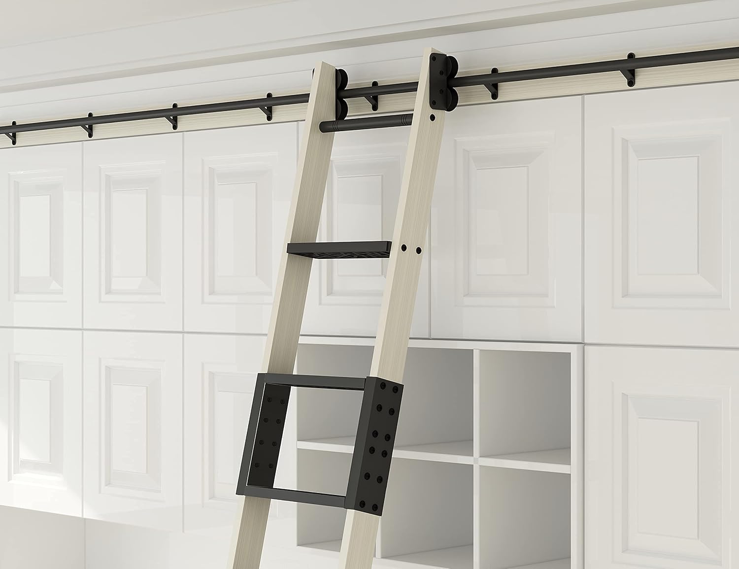 DIYHD 108" Unfinished Pine Wood Sliding Library Ladder with Metal Step Rolling Ladder