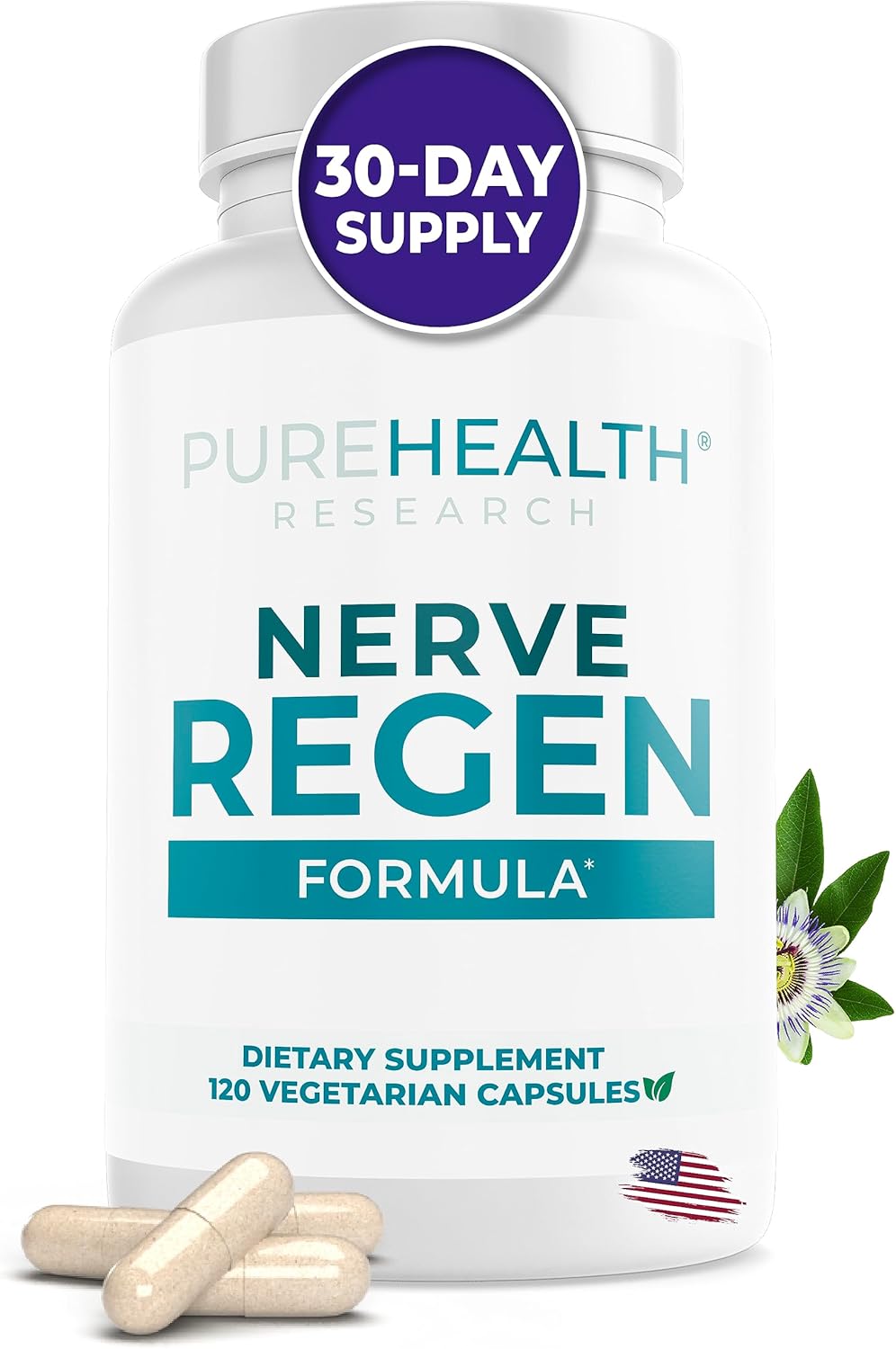 PUREHEALTH RESEARCH Nerve Regen Formula - with Alpha Lipoic Acid (ALA), Acetyl-L-Carnitine (ALC), Benfotiamine - Nerve Support Supplement for Healthy Circulation, Hands, Feet & Toes - 60 Capsules