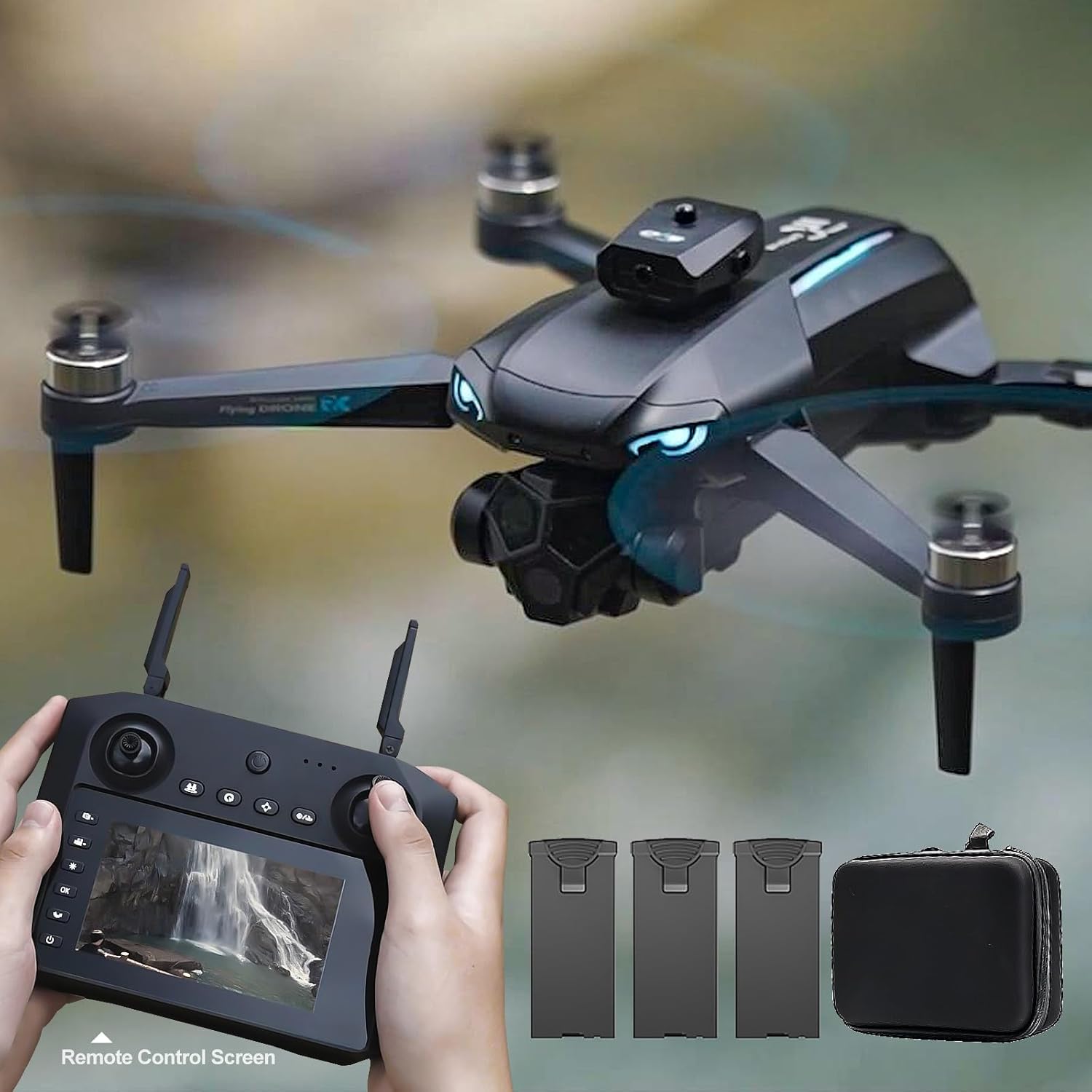 Brushless RC Drone with Dual Camera, 4.5-inch HD Screen Remote Control, Smart Obstacle Avoidance, 360° Stunt Roll (Drone with 【3 Rechargable Batteries】)
